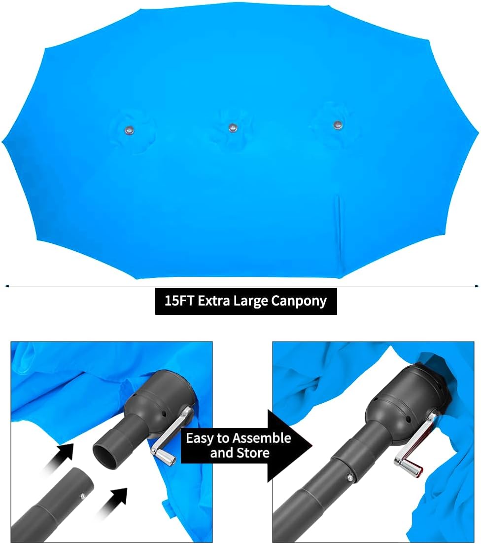 15ft Patio Umbrella with Solar Lights, Large Double Umbrella Outdoor, Rectangle 180''x106'' Umbrellas with 156 PCS LED Lights and Crank Handle for Backyard Deck Pool Shade in Black(1.9" Pole)