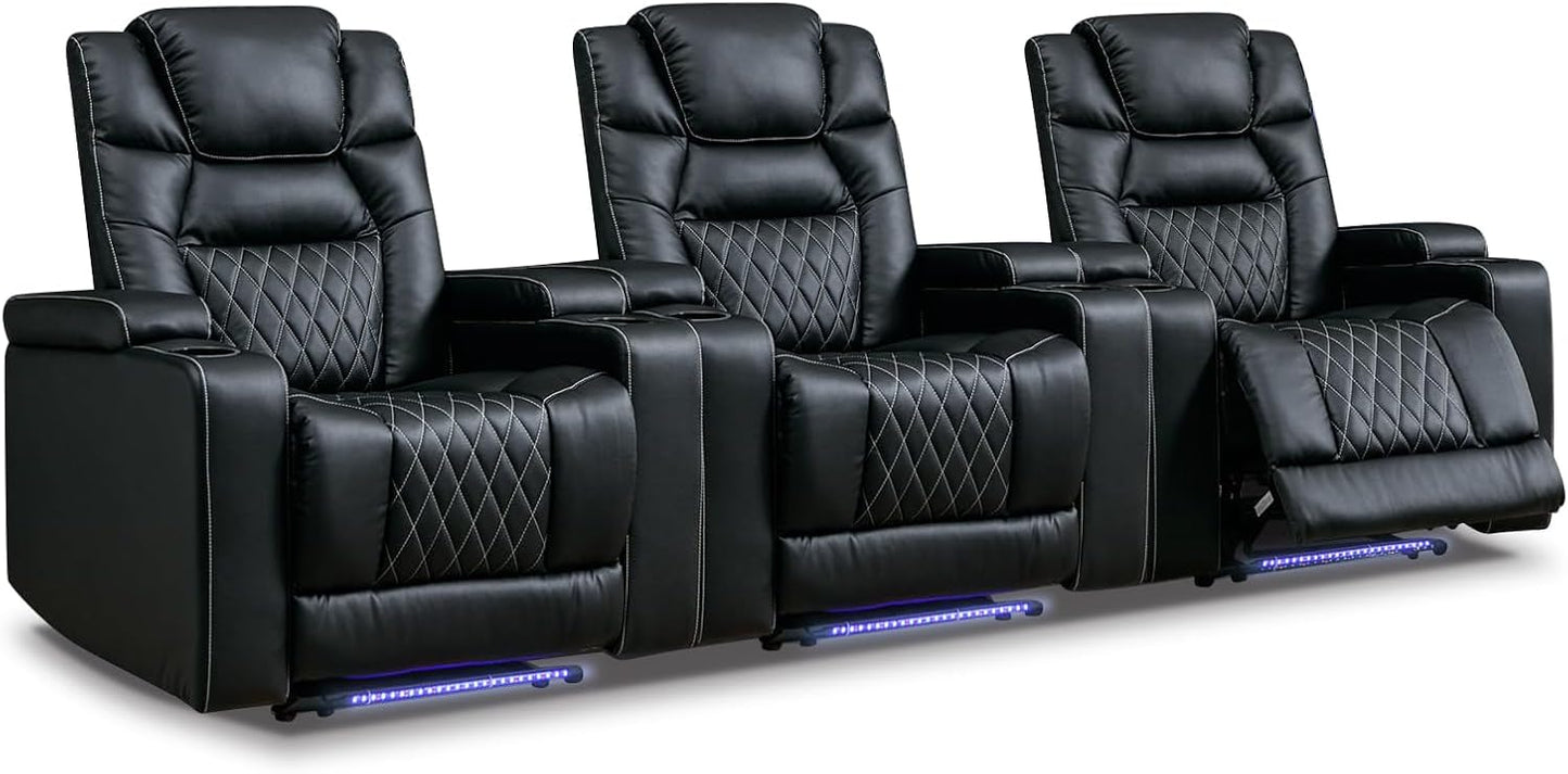 Power Home Theater Seating Set of 3, Brown Faux Leather Electric Recliner Chair with Powered Headrest, Dual Motors Movie Reclining Chairs with LED Lights,USB Port,Cup Holders, Hidden Arm Storage