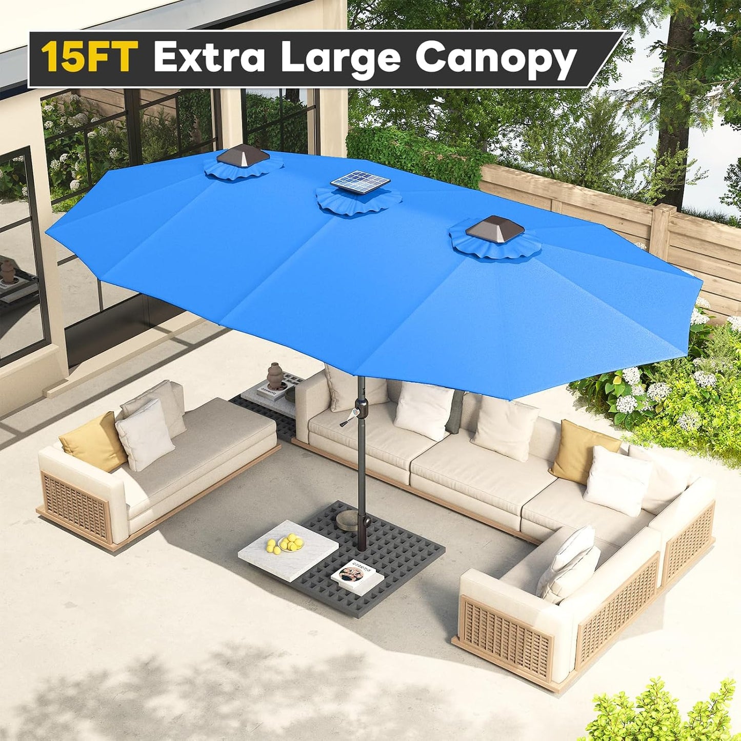 15ft Patio Umbrella with Solar Lights, Large Double Umbrella Outdoor, Rectangle 180''x106'' Umbrellas with 156 PCS LED Lights and Crank Handle for Backyard Deck Pool Shade in Black(1.9" Pole)