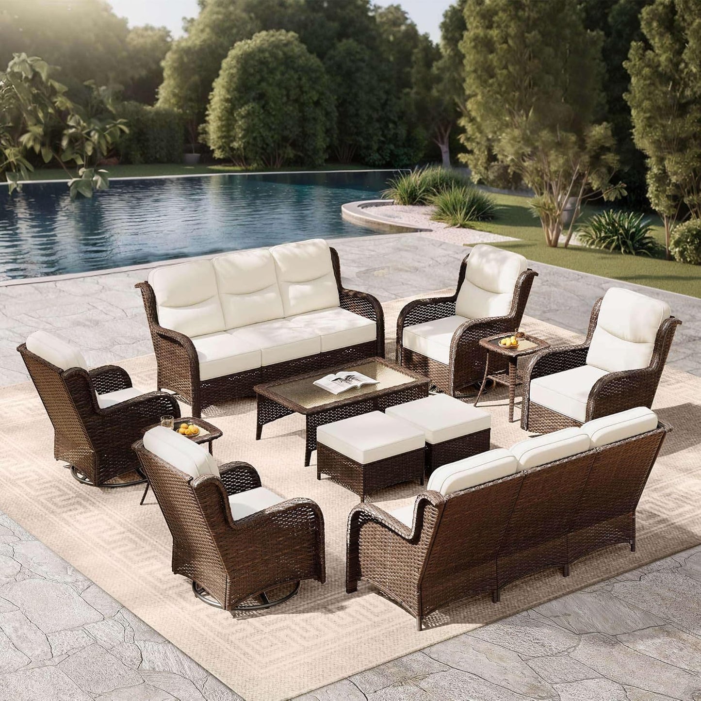 Outdoor Swivel Rocker Patio Chairs with 6-Inch Thick Cushions and Side Table, 3PCS High Back Wicker Patio Furniture Set for Porch, Balcony, Deck and Yard in Blue