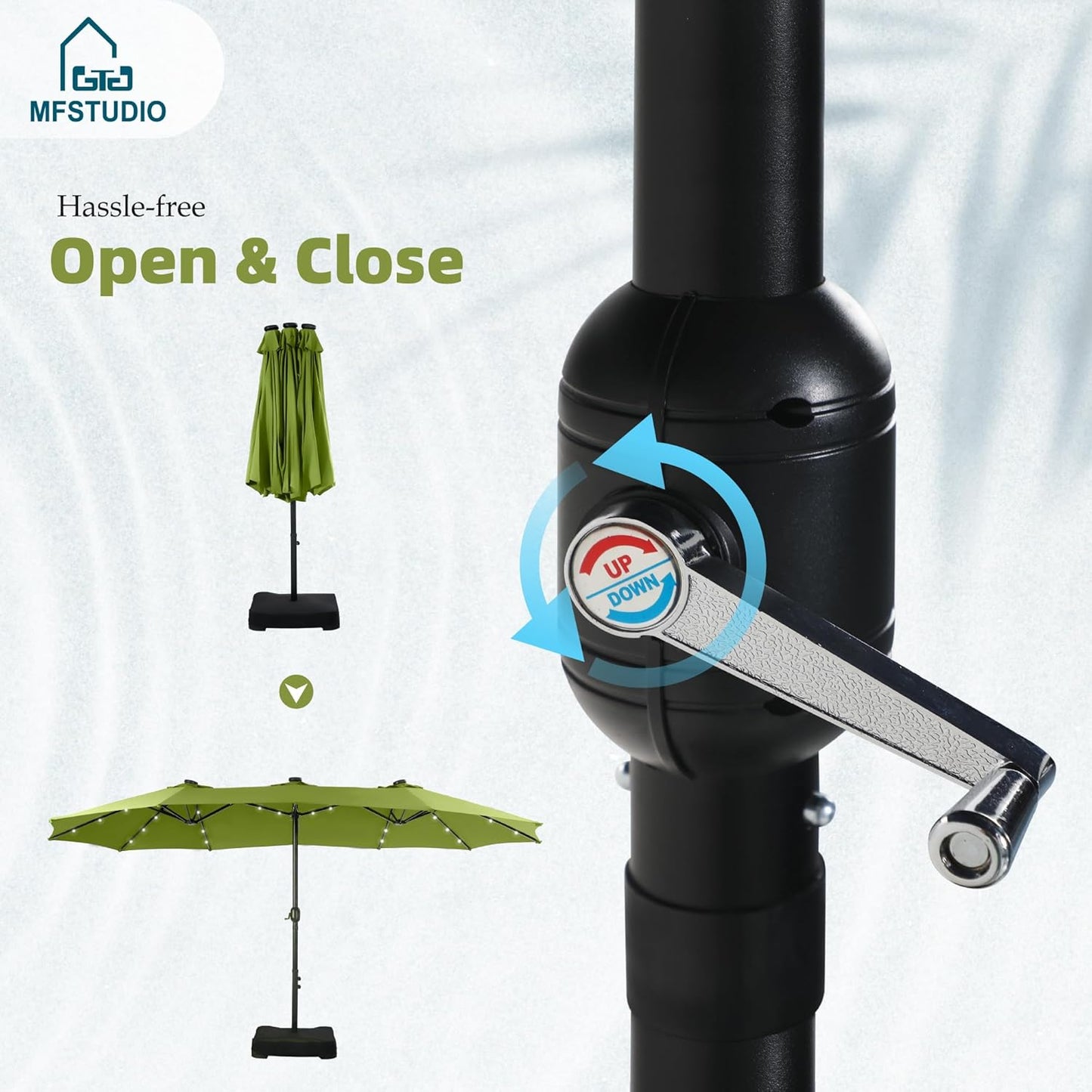 15ft Double Sided Patio Umbrella with Solar Lights, Outdoor Large Umbrellas with Crank Handle and 36 LED Lights, Rectangular Market Umbrella with Base Included for Deck Pool Shade