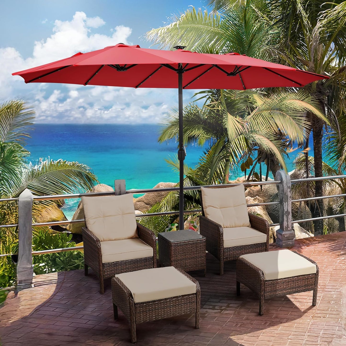 15 ft Large Patio Umbrella with Solar Lights Double-Sided Outdoor Rectangle Market Umbrellas with 36 LED Lights/Base Included/Easy Crank for Patio Garden Yard Pool Lawn, Brown
