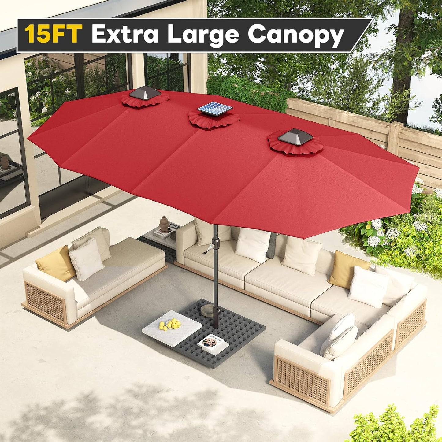 15ft Patio Umbrella with Solar Lights, Large Double Umbrella Outdoor, Rectangle 180''x106'' Umbrellas with 156 PCS LED Lights and Crank Handle for Backyard Deck Pool Shade in Black(1.9" Pole)