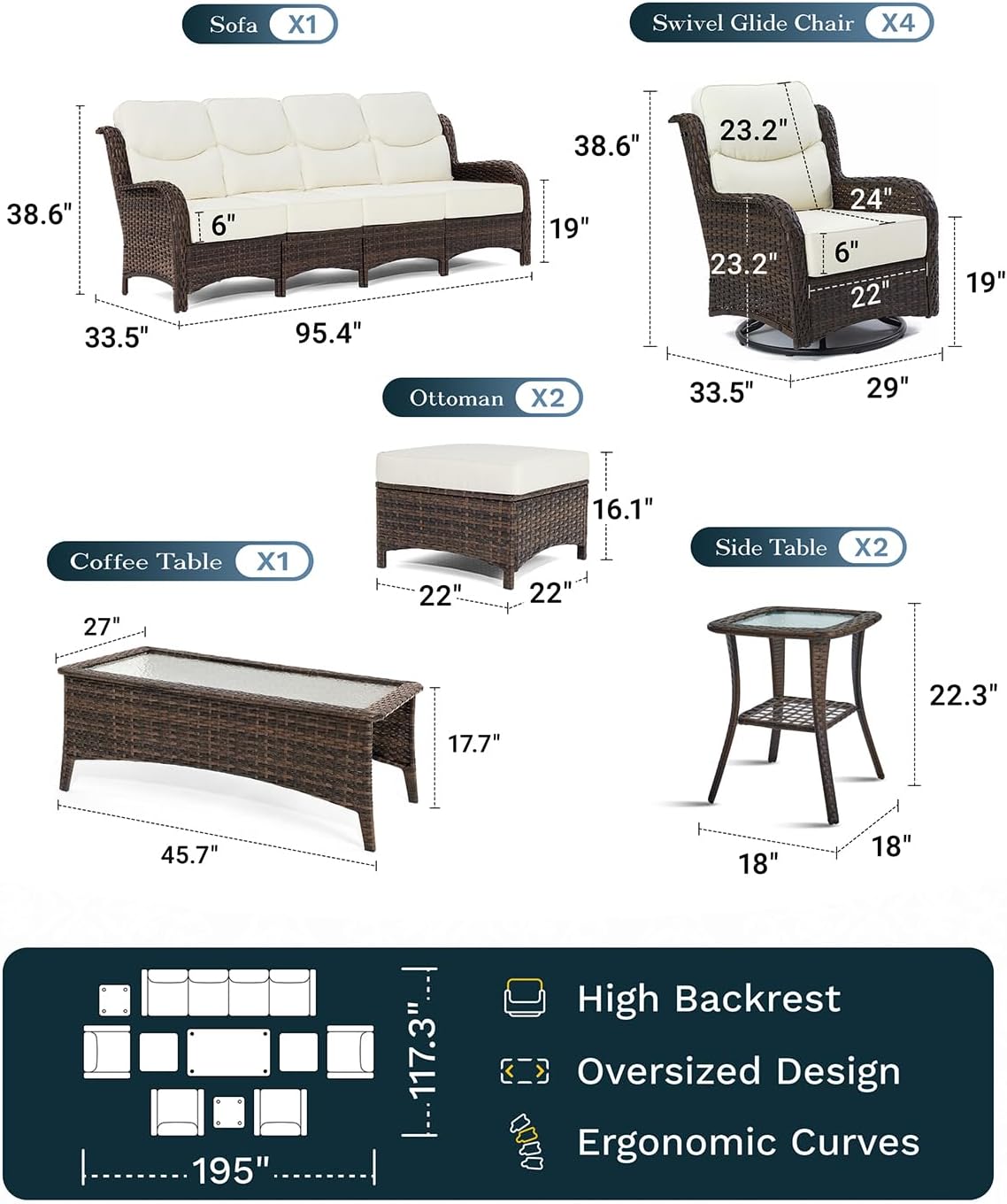 Outdoor Swivel Rocker Patio Chairs with 6-Inch Thick Cushions and Side Table, 3PCS High Back Wicker Patio Furniture Set for Porch, Balcony, Deck and Yard in Blue