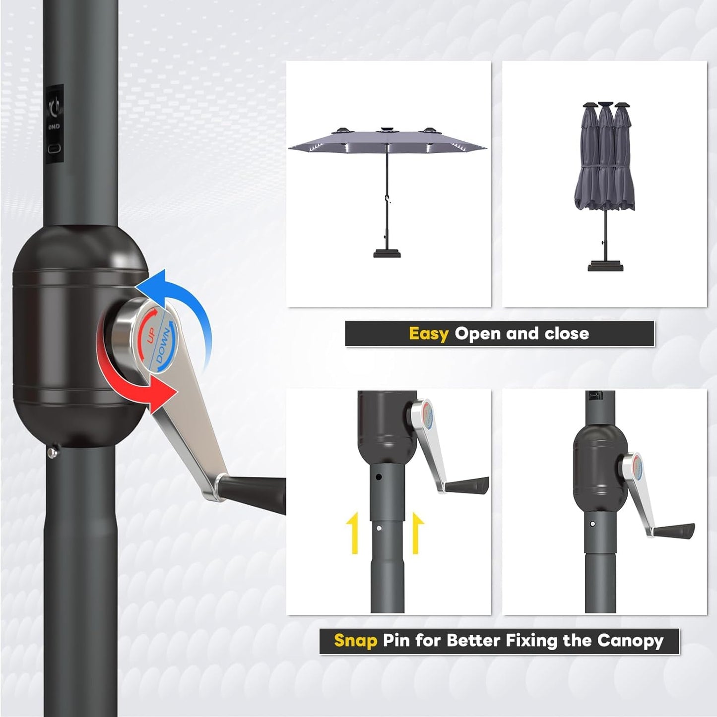 15ft Patio Umbrella with Solar Lights, Large Double Umbrella Outdoor, Rectangle 180''x106'' Umbrellas with 156 PCS LED Lights and Crank Handle for Backyard Deck Pool Shade in Black(1.9" Pole)