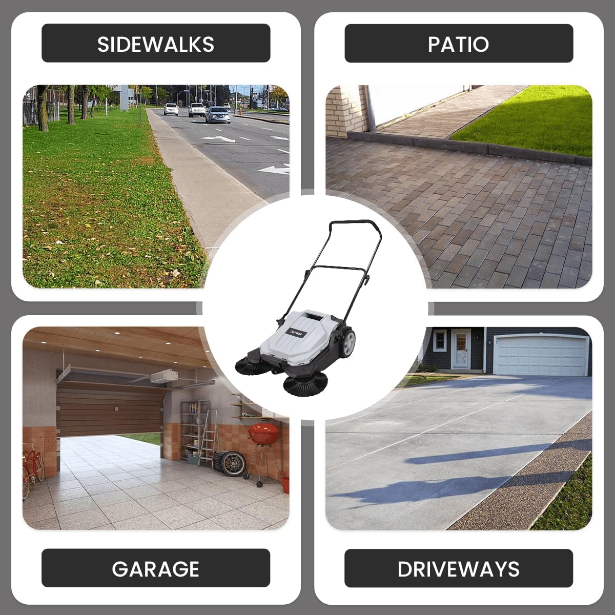 Walk-Behind Outdoor Hand Push Floor Sweeper - 5.25 Gallon Capacity - 25.5" Sweeping Width - Sweeps up to 27,900 ft² / Hour, Grey