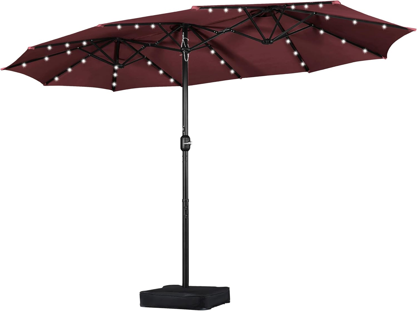 15 ft Large Patio Umbrella with Solar Lights Double-Sided Outdoor Rectangle Market Umbrellas with 36 LED Lights/Base Included/Easy Crank for Patio Garden Yard Pool Lawn, Brown