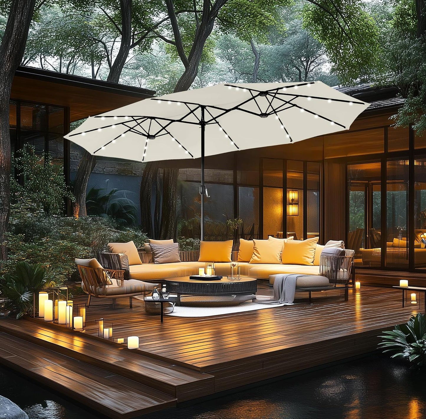 15ft Double Sided Patio Umbrella with Solar Lights, Outdoor Large Umbrellas with Crank Handle and 36 LED Lights, Rectangular Market Umbrella with Base Included for Deck Pool Shade