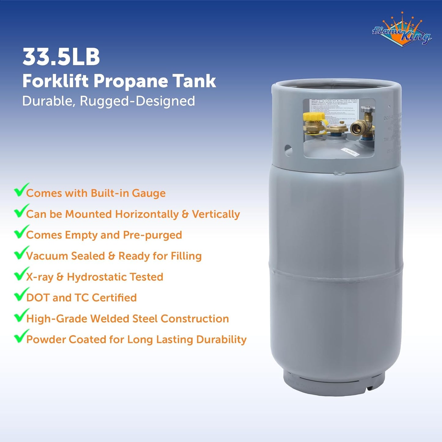 Steel Forklift Propane Tank Cylinder with Built-in Gauge, Gray-Flame King