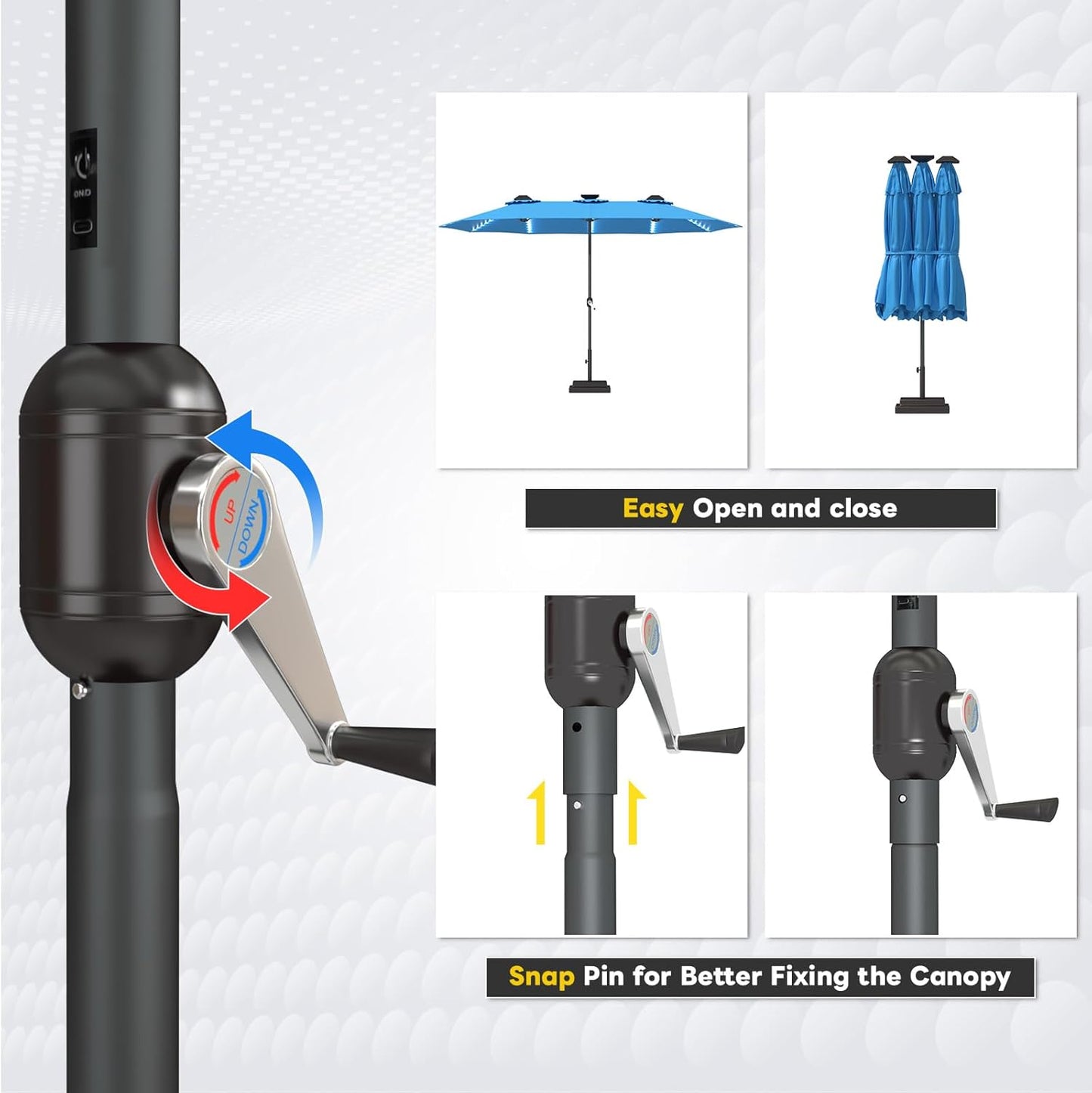 15ft Patio Umbrella with Solar Lights, Large Double Umbrella Outdoor, Rectangle 180''x106'' Umbrellas with 156 PCS LED Lights and Crank Handle for Backyard Deck Pool Shade in Black(1.9" Pole)