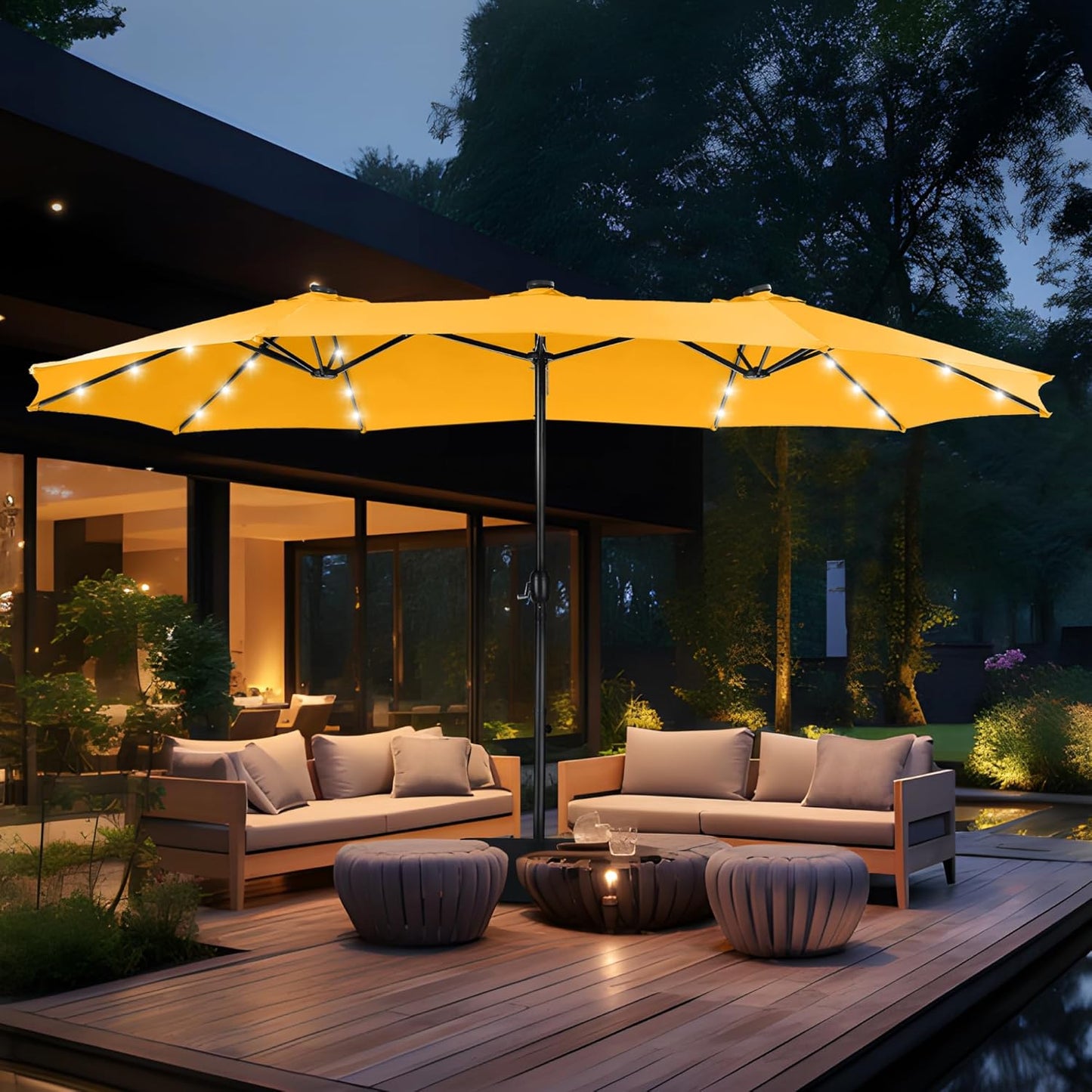 15ft Double Sided Patio Umbrella with Solar Lights, Outdoor Large Umbrellas with Crank Handle and 36 LED Lights, Rectangular Market Umbrella with Base Included for Deck Pool Shade