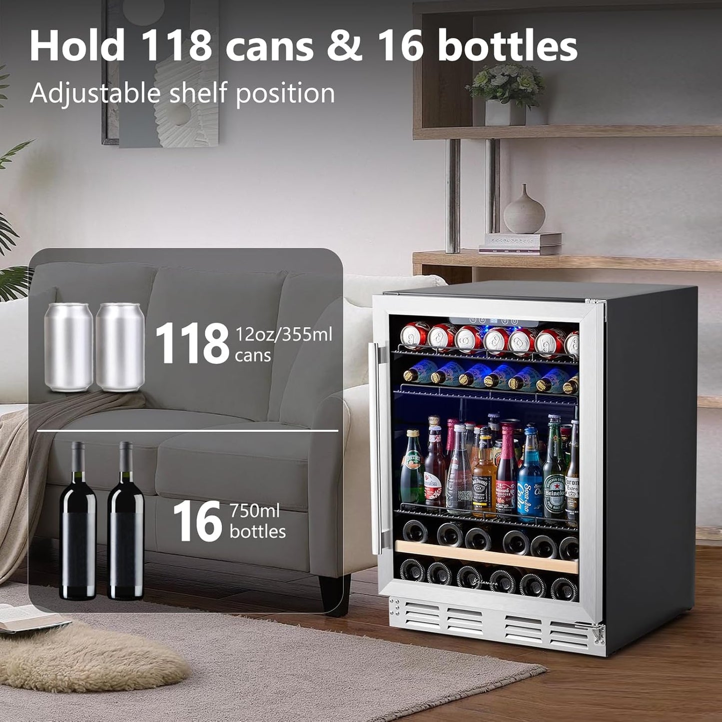 24 inch Wine Cooler, 46 Bottle - Dual Zone Built-in or Freestanding Fridge with Stainless Steel Reversible Glass Door, for Home, Kitchen, or Office.