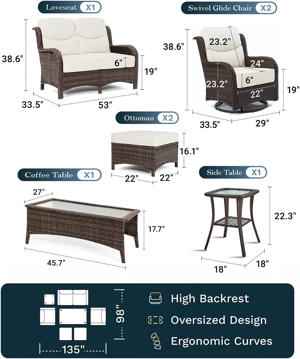 Outdoor Swivel Rocker Patio Chairs with 6-Inch Thick Cushions and Side Table, 3PCS High Back Wicker Patio Furniture Set for Porch, Balcony, Deck and Yard in Blue