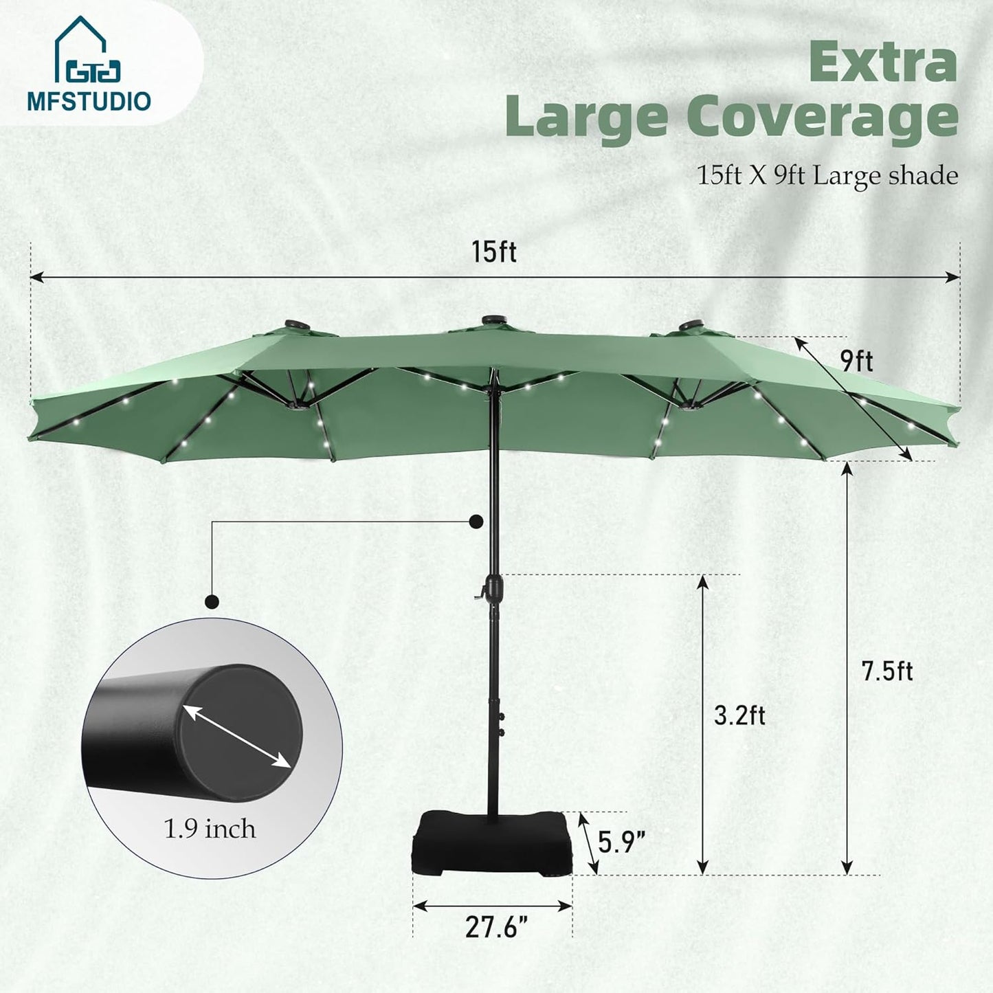 15ft Double Sided Patio Umbrella with Solar Lights, Outdoor Large Umbrellas with Crank Handle and 36 LED Lights, Rectangular Market Umbrella with Base Included for Deck Pool Shade