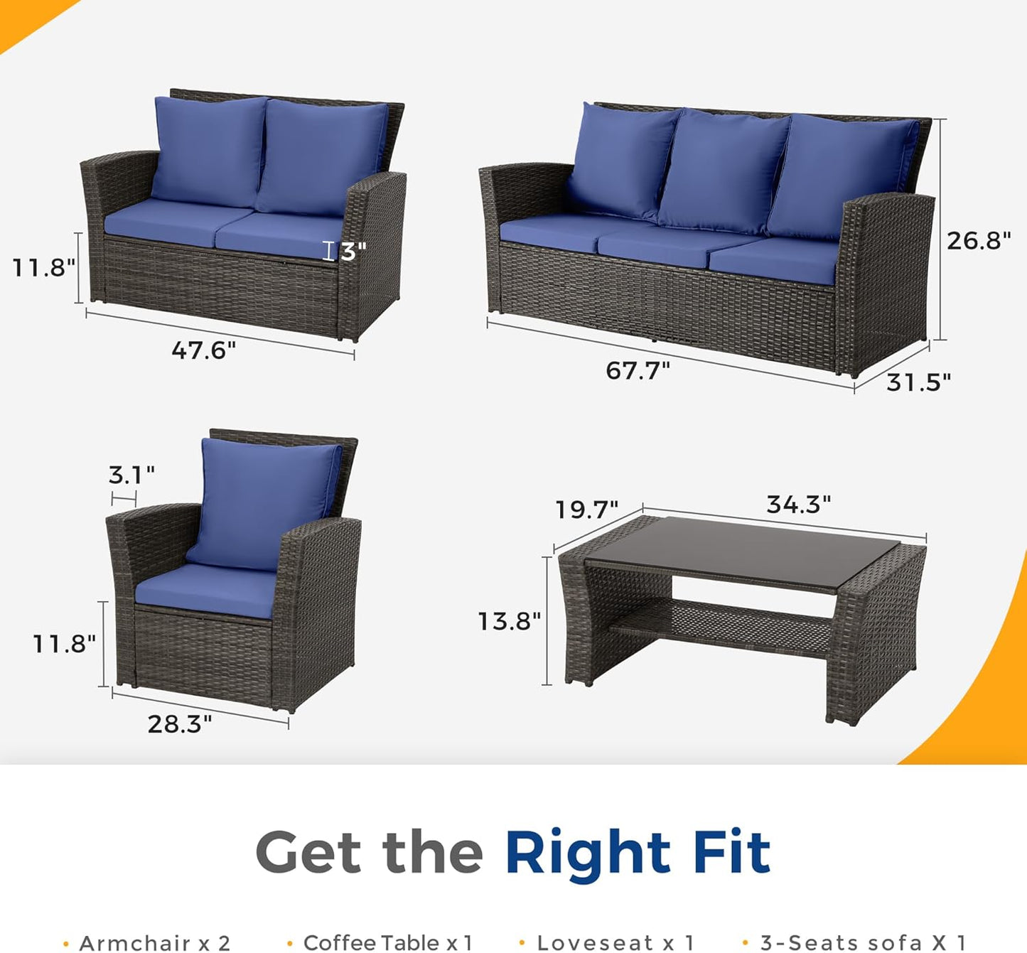 Wisteria Lane 4 Piece Outdoor Patio Furniture Sets, Wicker Conversation Set for Porch Deck, Grey Rattan Sofa Chair with Cushion （Blue