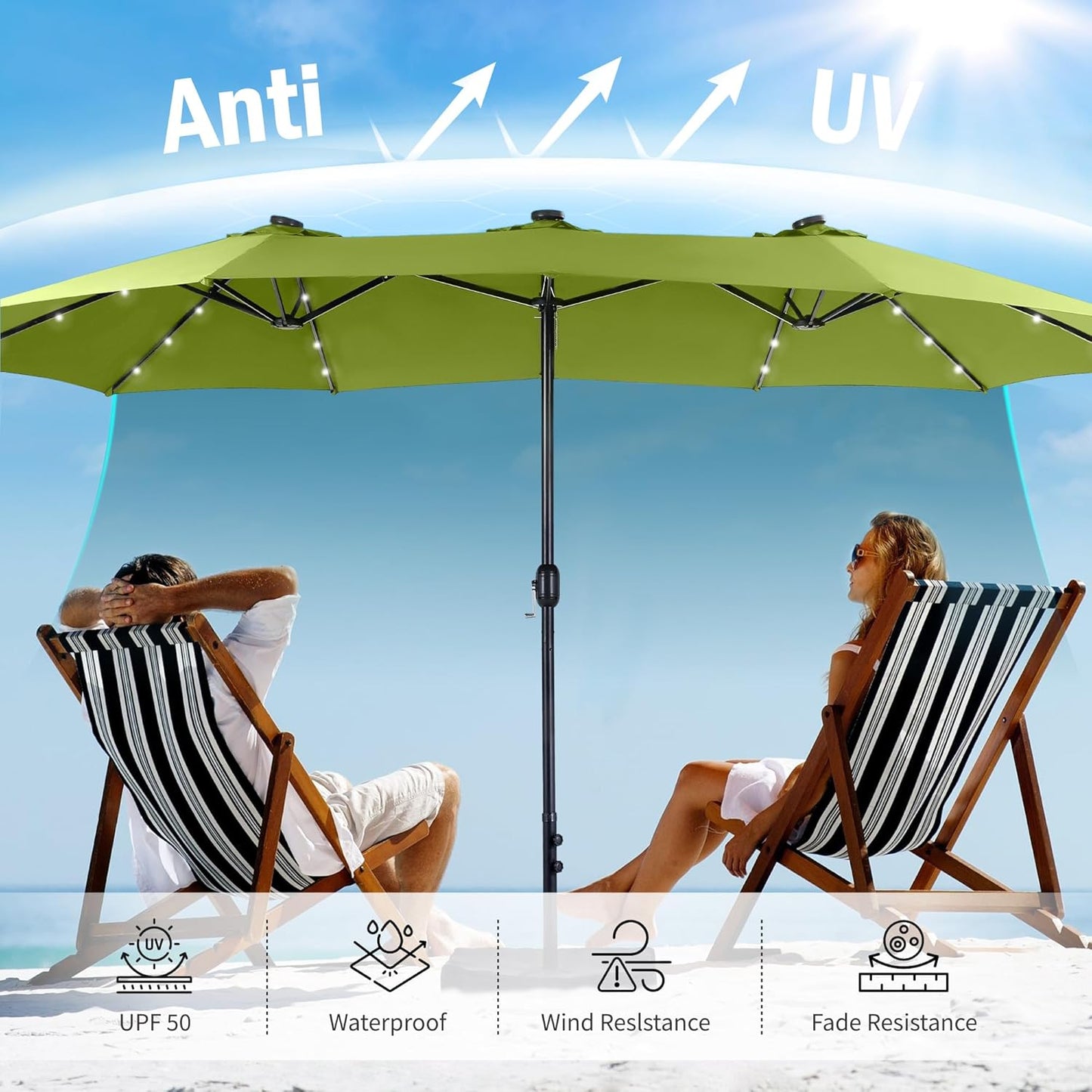 15ft Double Sided Patio Umbrella with Solar Lights, Outdoor Large Umbrellas with Crank Handle and 36 LED Lights, Rectangular Market Umbrella with Base Included for Deck Pool Shade