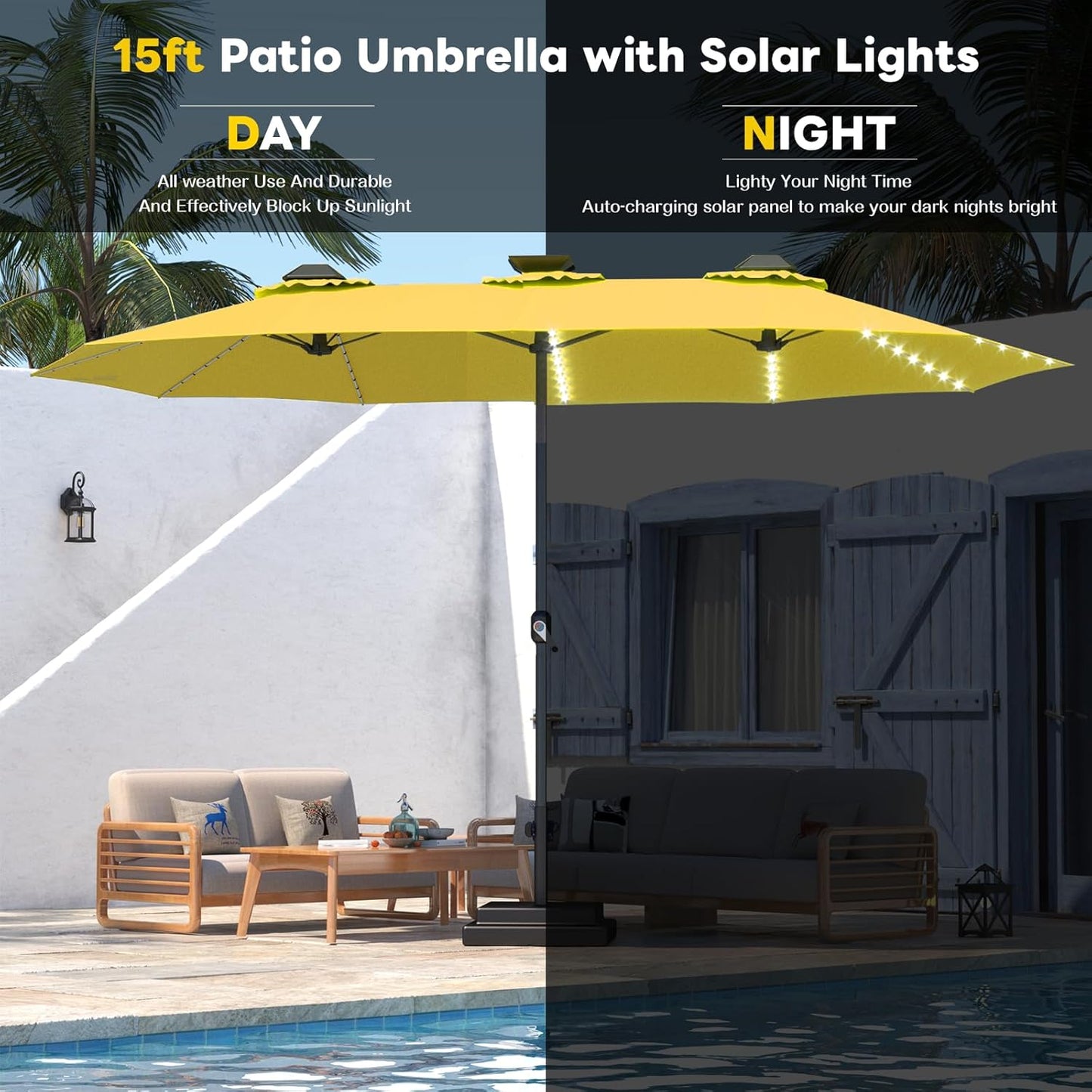 15ft Patio Umbrella with Solar Lights, Large Double Umbrella Outdoor, Rectangle 180''x106'' Umbrellas with 156 PCS LED Lights and Crank Handle for Backyard Deck Pool Shade in Black(1.9" Pole)