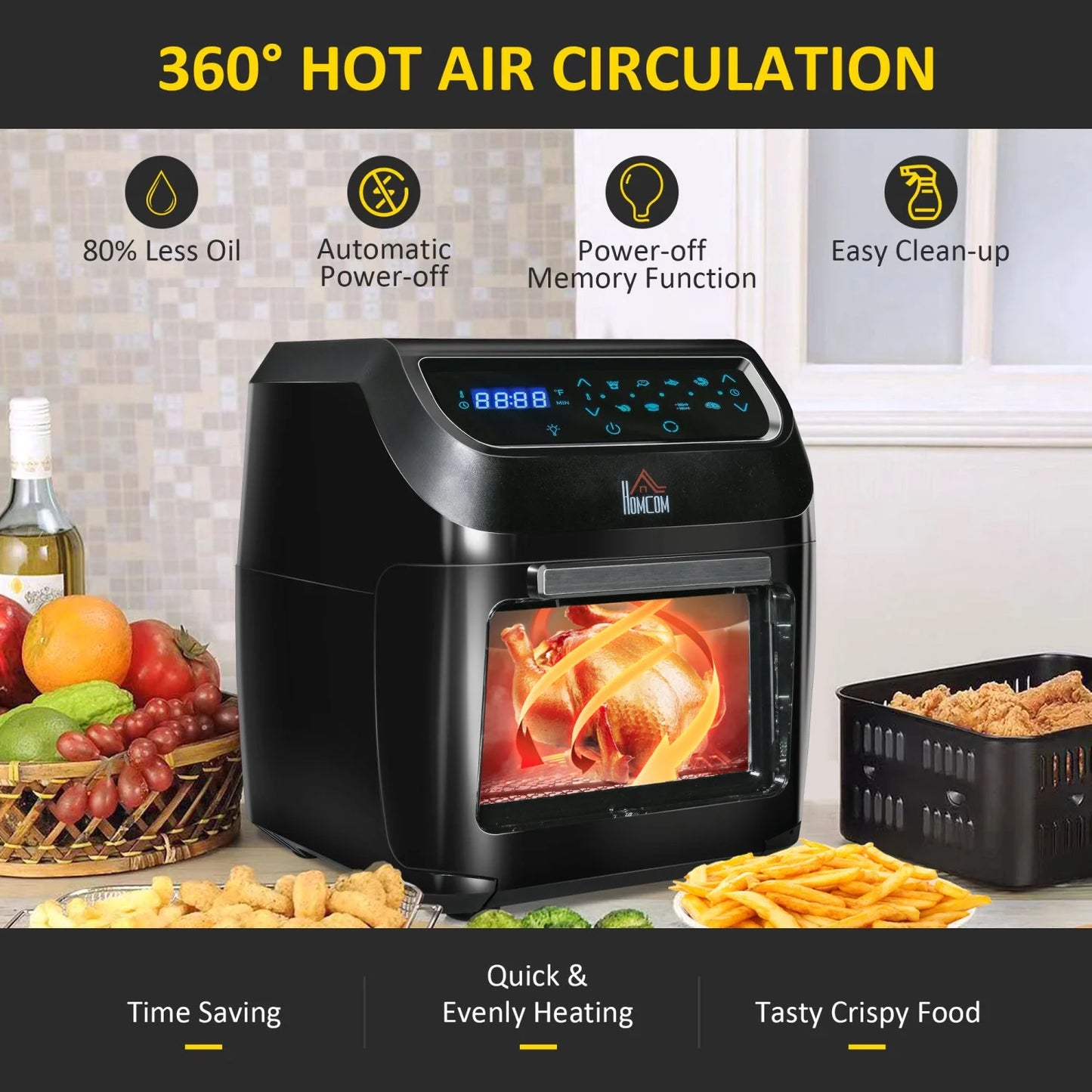12QT Air Fryer Oven Combo, 8-in-1, 1700W, LED Display, Black, Includes Accessories