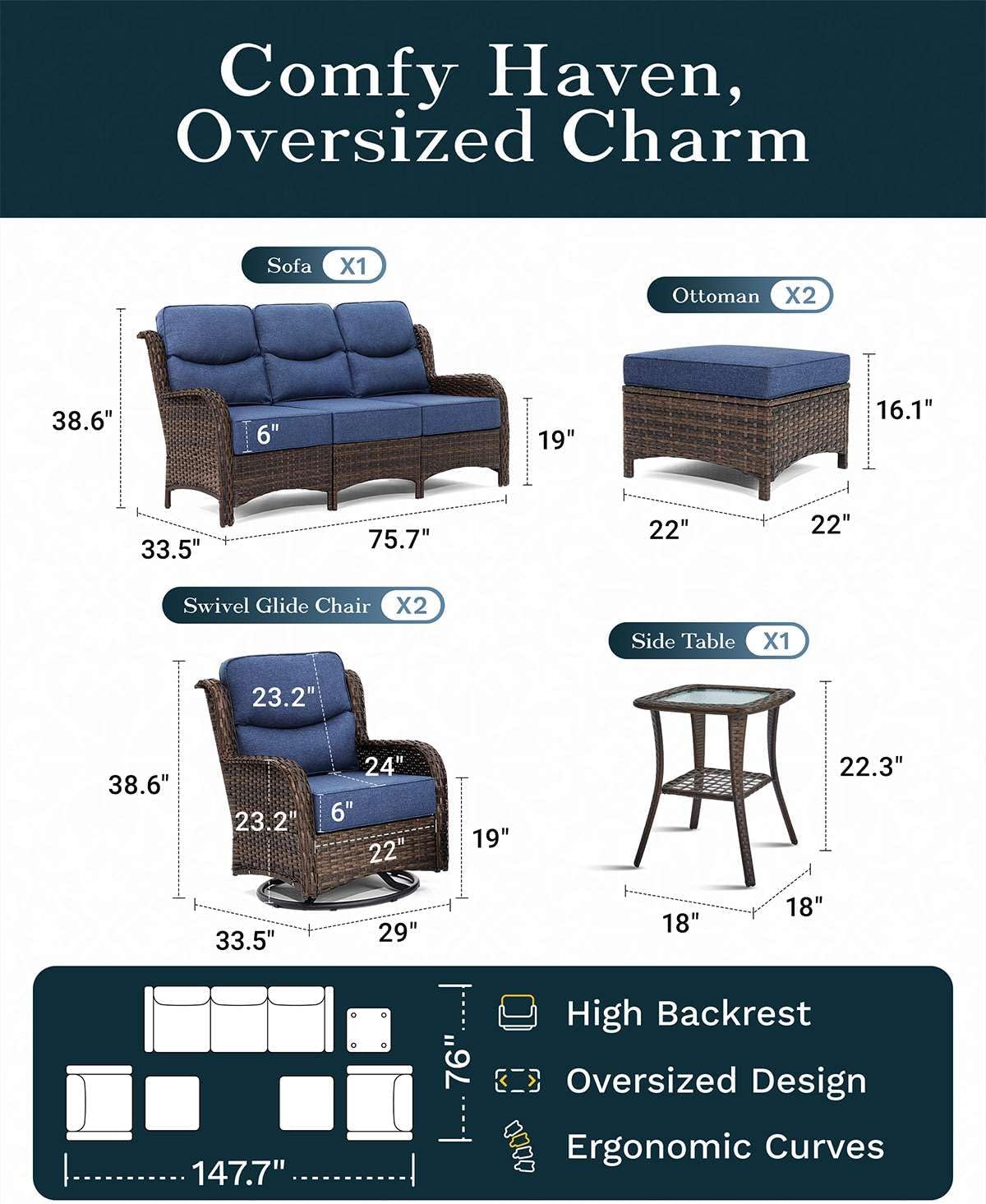 Outdoor Swivel Rocker Patio Chairs with 6-Inch Thick Cushions and Side Table, 3PCS High Back Wicker Patio Furniture Set for Porch, Balcony, Deck and Yard in Blue