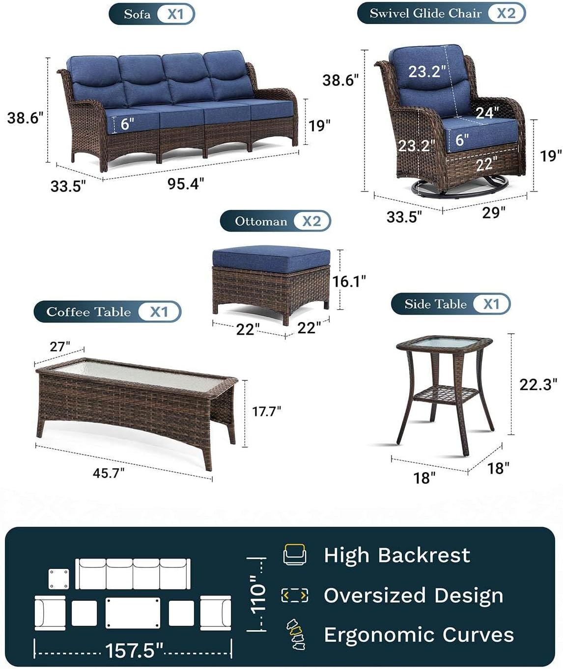 Outdoor Swivel Rocker Patio Chairs with 6-Inch Thick Cushions and Side Table, 3PCS High Back Wicker Patio Furniture Set for Porch, Balcony, Deck and Yard in Blue