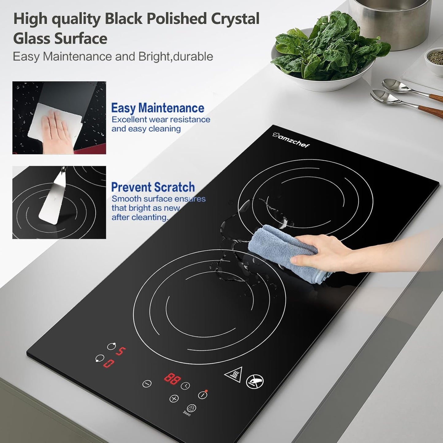 Induction Cooktop 2 Burners, 12 Inch Bulit-in & Countertop Induction Stove with Plug 110V-120V, 9 Power Levels Electric Stove 1800W, Child Lock, Timer, Touch Control for Fast Cooking