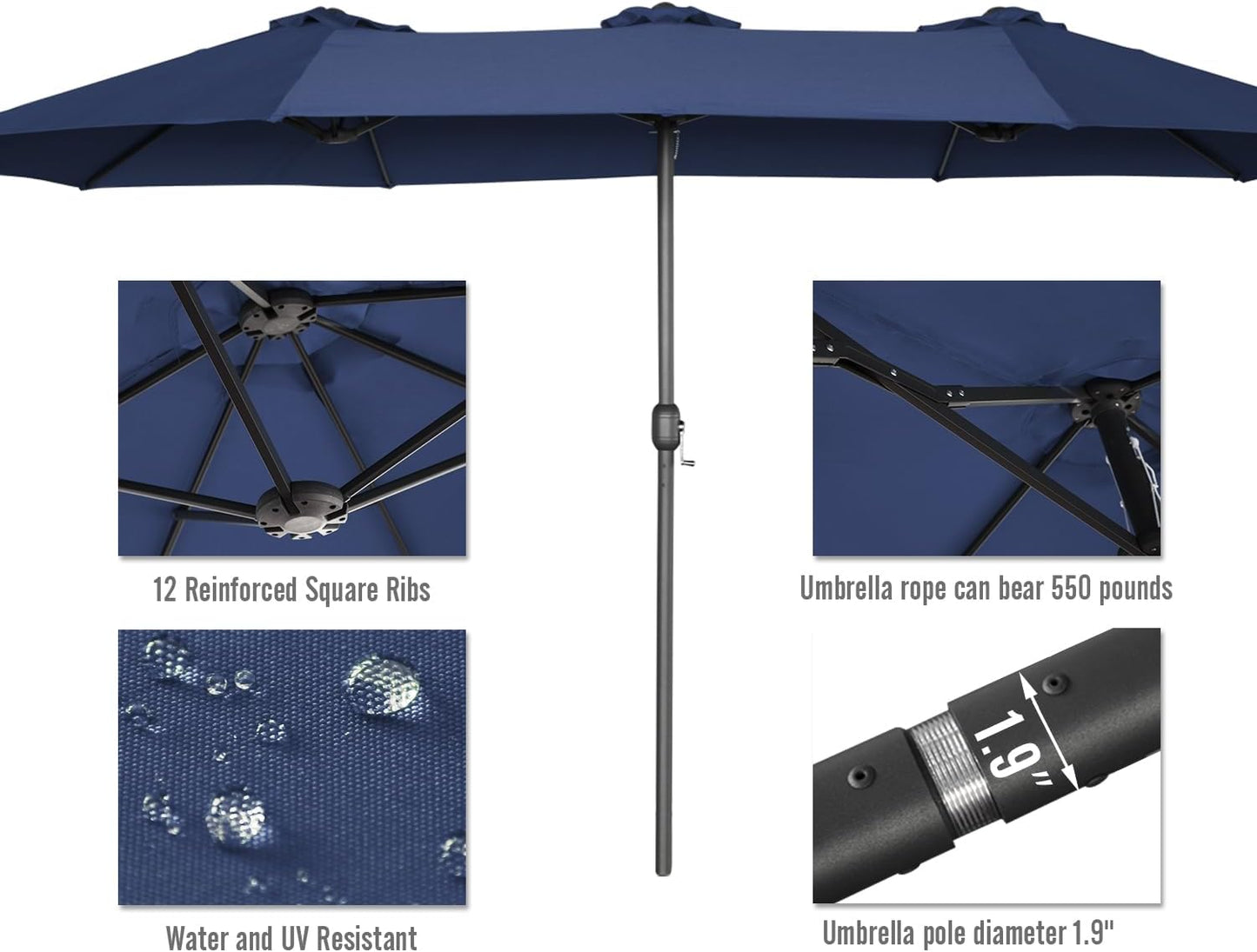 15ft Patio Umbrella with Solar Lights, Large Double Umbrella Outdoor, Rectangle 180''x106'' Umbrellas with 156 PCS LED Lights and Crank Handle for Backyard Deck Pool Shade in Black(1.9" Pole)