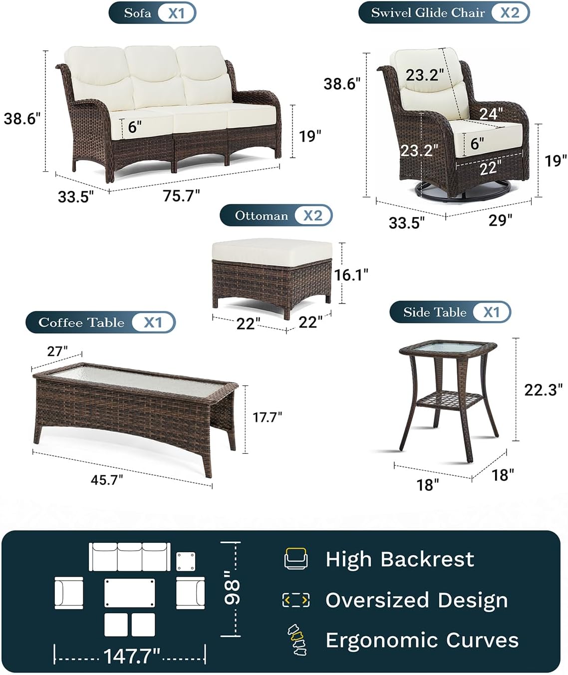 Outdoor Swivel Rocker Patio Chairs with 6-Inch Thick Cushions and Side Table, 3PCS High Back Wicker Patio Furniture Set for Porch, Balcony, Deck and Yard in Blue