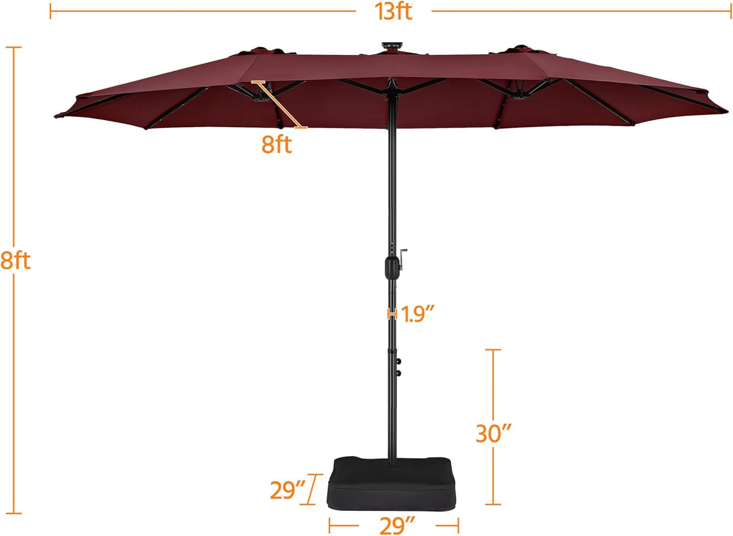 15 ft Large Patio Umbrella with Solar Lights Double-Sided Outdoor Rectangle Market Umbrellas with 36 LED Lights/Base Included/Easy Crank for Patio Garden Yard Pool Lawn, Brown