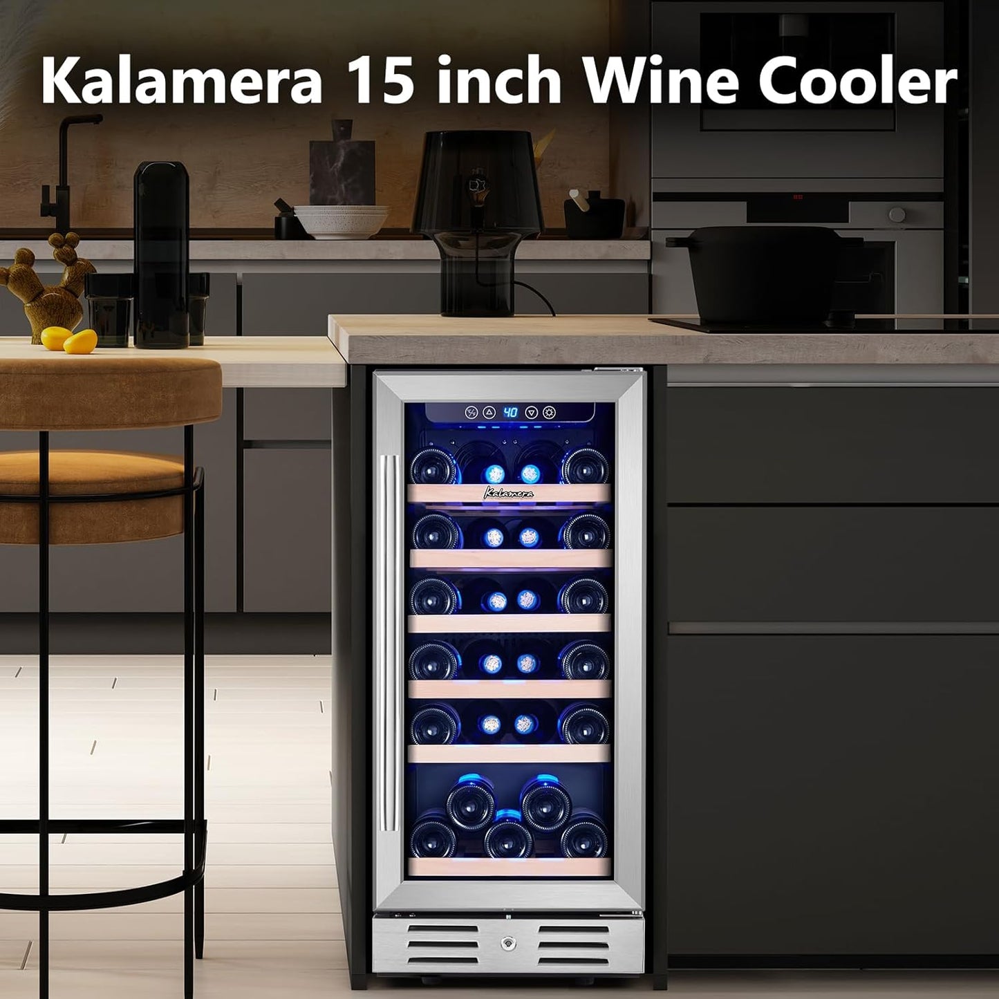 24 inch Wine Cooler, 46 Bottle - Dual Zone Built-in or Freestanding Fridge with Stainless Steel Reversible Glass Door, for Home, Kitchen, or Office.