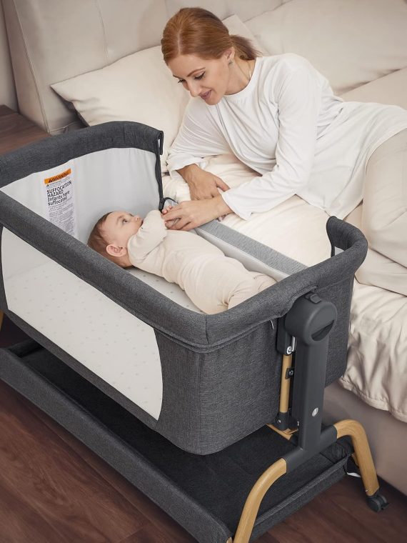 Rocking Bassinet Bedside Sleeper, Adjustable Height, Portable with Wheels, Includes Comfy Mattress, for Newborns