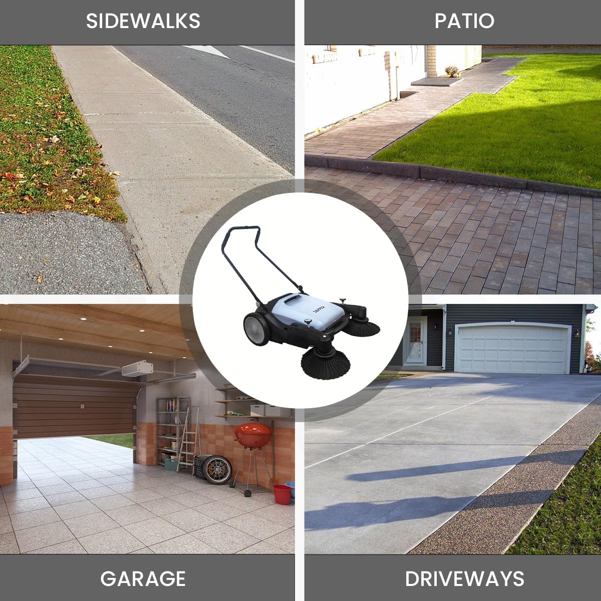 Walk-Behind Outdoor Hand Push Floor Sweeper - 5.25 Gallon Capacity - 25.5" Sweeping Width - Sweeps up to 27,900 ft² / Hour, Grey