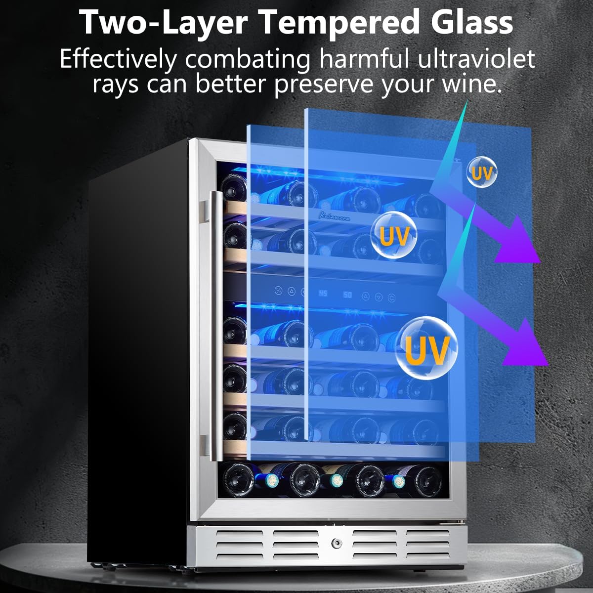 24 inch Wine Cooler, 46 Bottle - Dual Zone Built-in or Freestanding Fridge with Stainless Steel Reversible Glass Door, for Home, Kitchen, or Office.