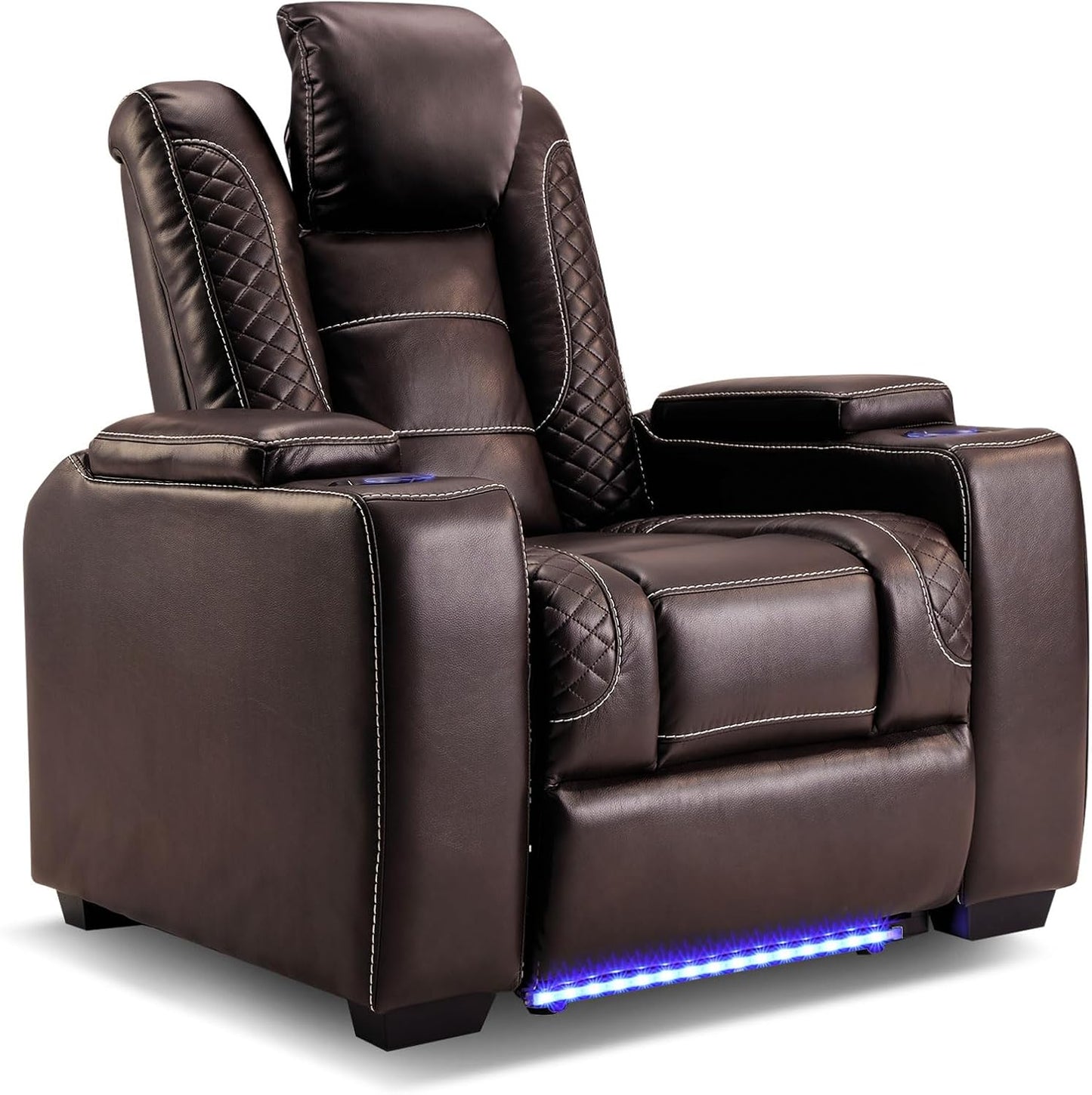 Power Home Theater Seating Set of 3, Brown Faux Leather Electric Recliner Chair with Powered Headrest, Dual Motors Movie Reclining Chairs with LED Lights,USB Port,Cup Holders, Hidden Arm Storage
