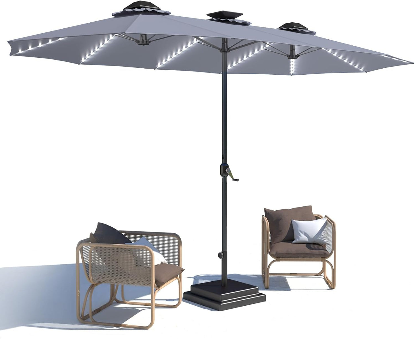 15ft Patio Umbrella with Solar Lights, Large Double Umbrella Outdoor, Rectangle 180''x106'' Umbrellas with 156 PCS LED Lights and Crank Handle for Backyard Deck Pool Shade in Black(1.9" Pole)