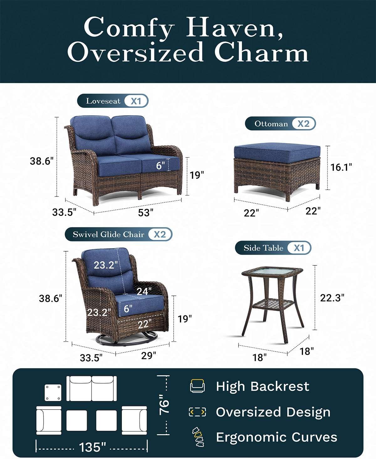 Outdoor Swivel Rocker Patio Chairs with 6-Inch Thick Cushions and Side Table, 3PCS High Back Wicker Patio Furniture Set for Porch, Balcony, Deck and Yard in Blue
