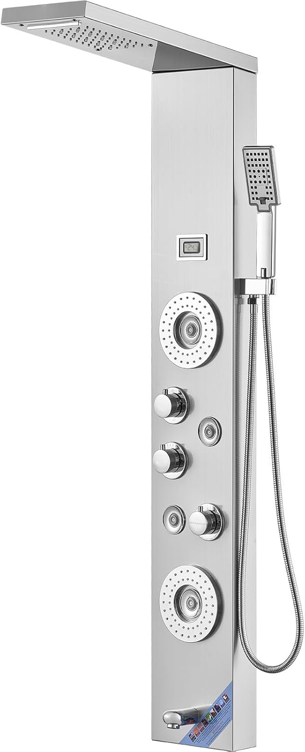 Shower Panel System, 6 Shower Modes, LED & Display Shower Panel Tower, Rainfall, Waterfall, 4 Body Massage Jets, Tub Spout, Handheld Shower Head 59" Hose, Stainless Steel Wall-Mounted Shower Set