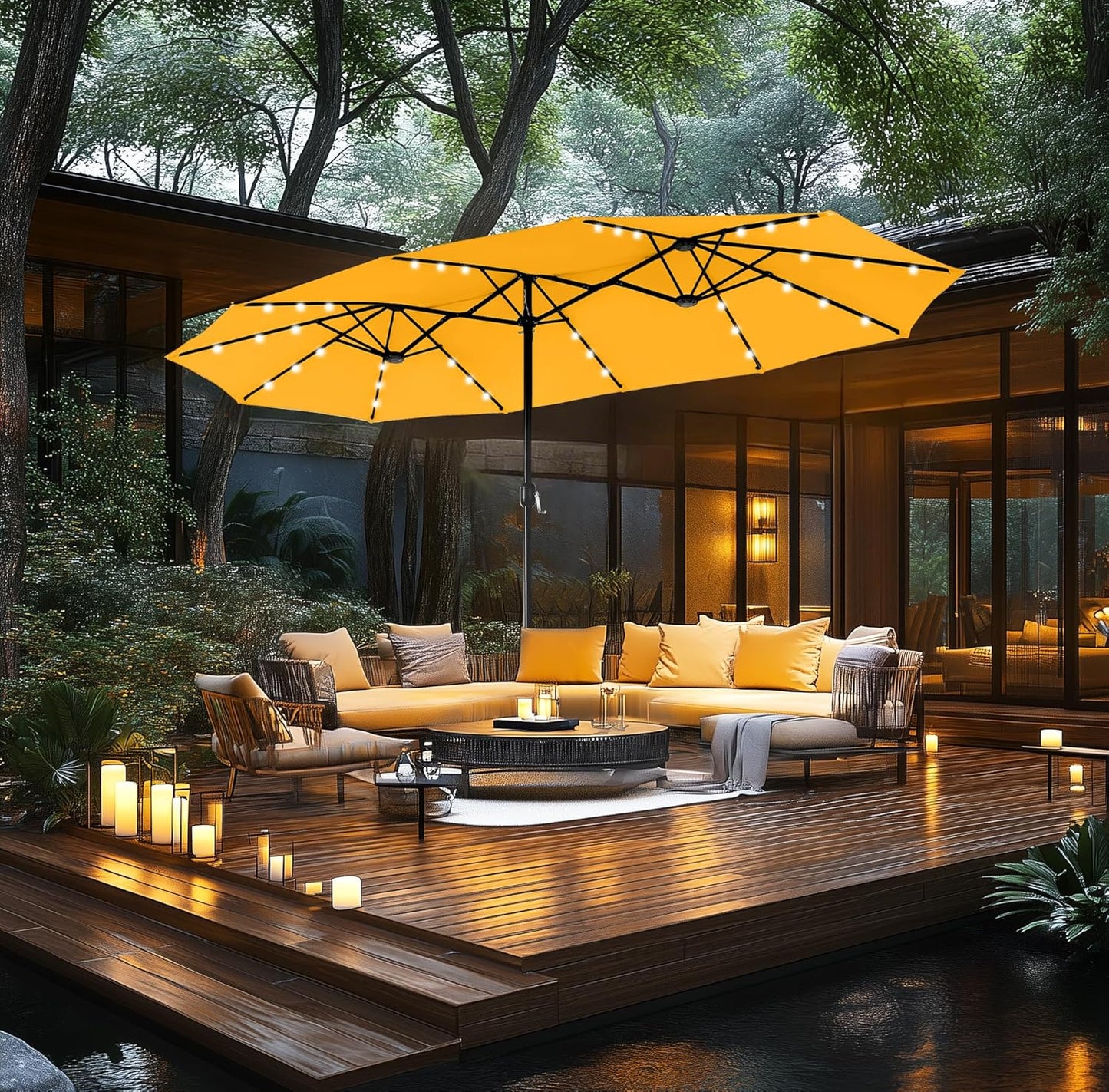 15ft Double Sided Patio Umbrella with Solar Lights, Outdoor Large Umbrellas with Crank Handle and 36 LED Lights, Rectangular Market Umbrella with Base Included for Deck Pool Shade