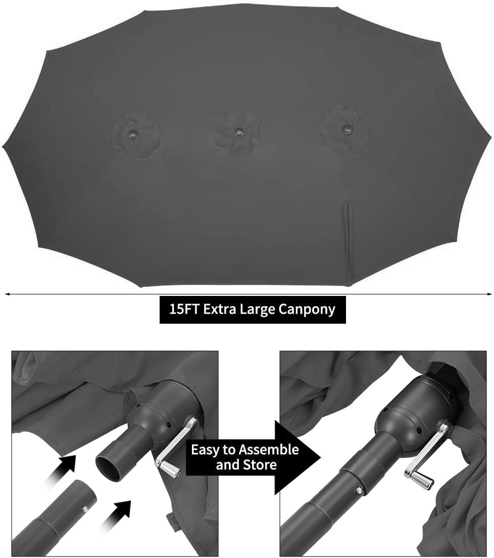 15ft Patio Umbrella with Solar Lights, Large Double Umbrella Outdoor, Rectangle 180''x106'' Umbrellas with 156 PCS LED Lights and Crank Handle for Backyard Deck Pool Shade in Black(1.9" Pole)