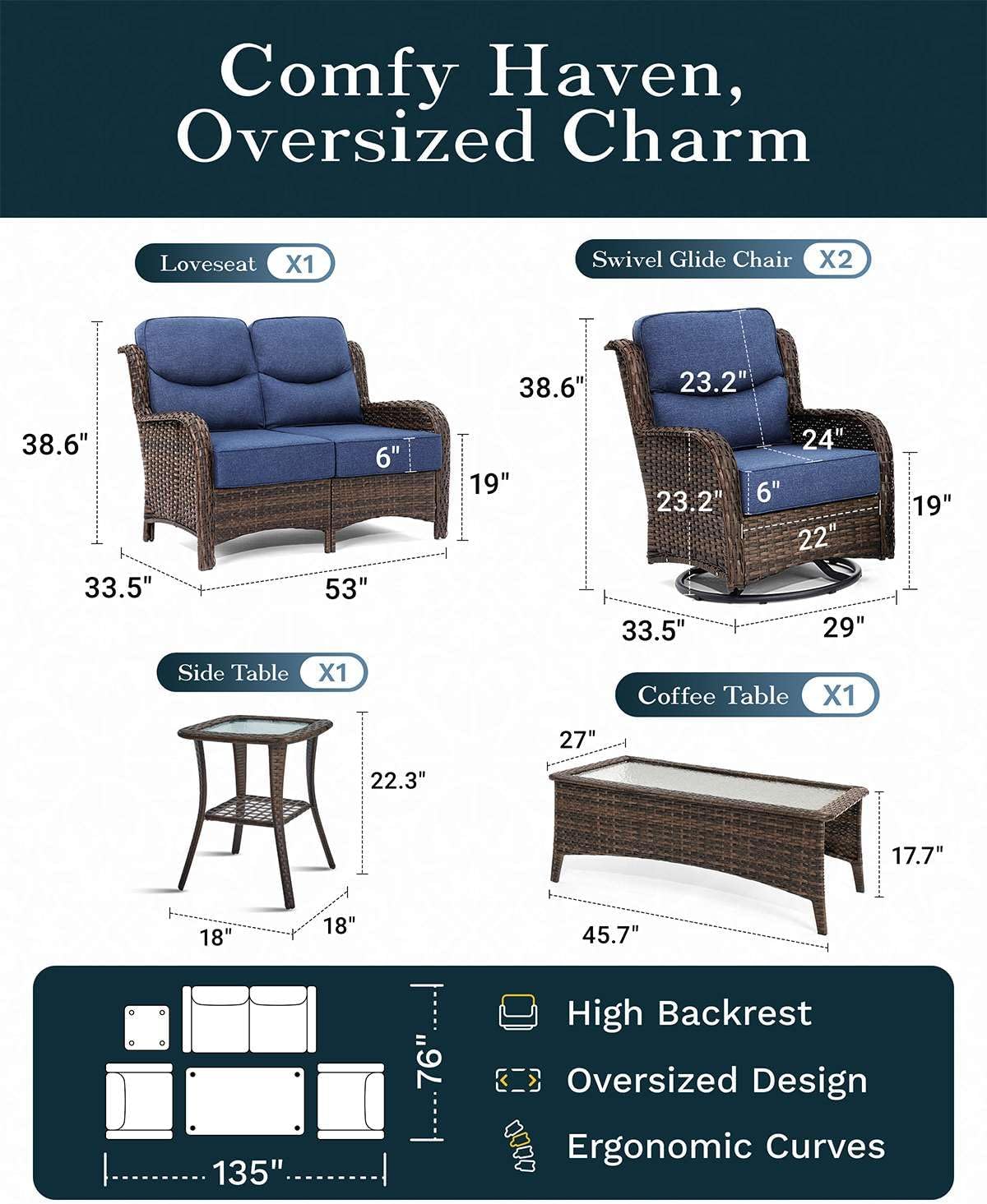 Outdoor Swivel Rocker Patio Chairs with 6-Inch Thick Cushions and Side Table, 3PCS High Back Wicker Patio Furniture Set for Porch, Balcony, Deck and Yard in Blue
