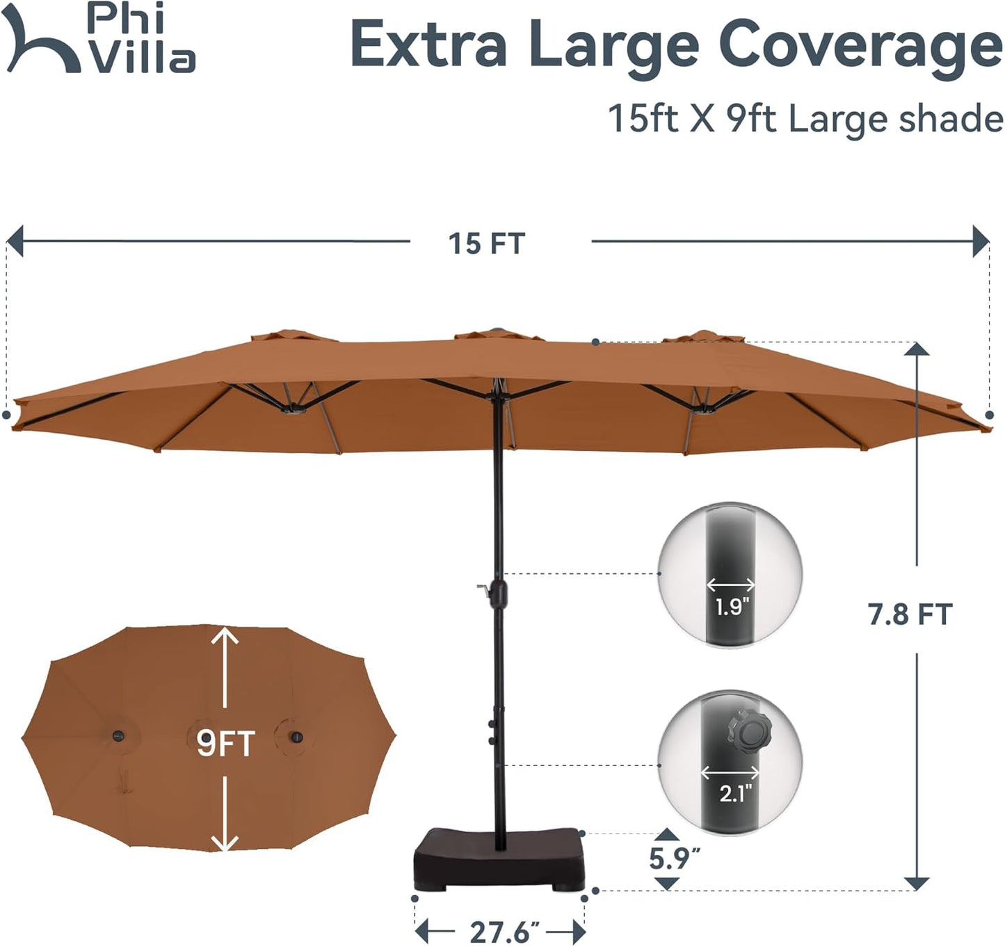 15ft Patio Umbrella Double-Sided Outdoor Market Extra Large Umbrella with Crank, Umbrella Base Included (Dark Red)