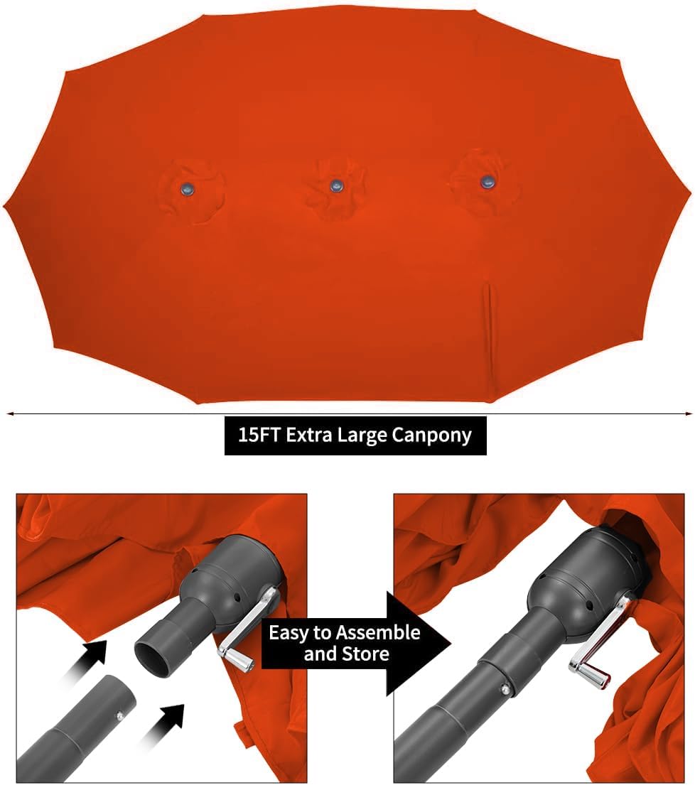 15ft Patio Umbrella with Solar Lights, Large Double Umbrella Outdoor, Rectangle 180''x106'' Umbrellas with 156 PCS LED Lights and Crank Handle for Backyard Deck Pool Shade in Black(1.9" Pole)
