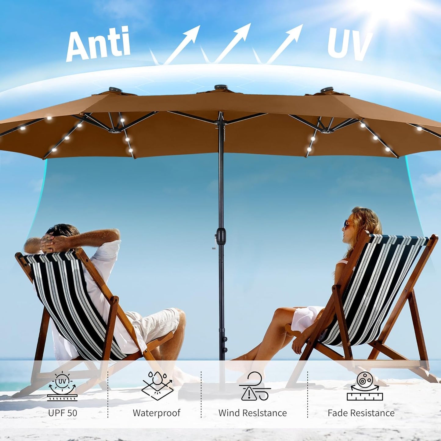 15ft Double Sided Patio Umbrella with Solar Lights, Outdoor Large Umbrellas with Crank Handle and 36 LED Lights, Rectangular Market Umbrella with Base Included for Deck Pool Shade