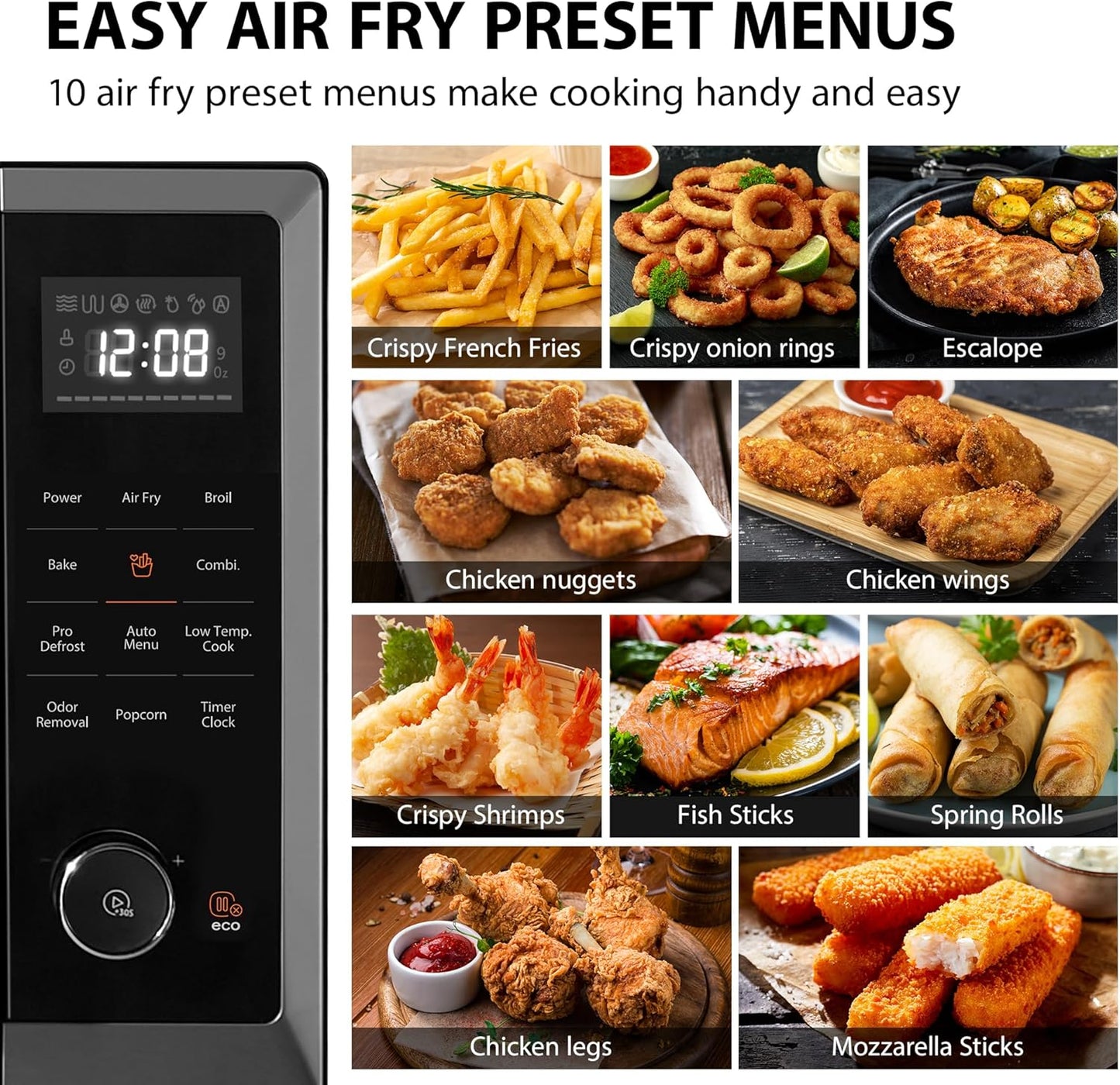 Air Fryer Combo 8-in-1 Countertop Microwave Oven, with Convection, Broil, Odor Removal Mode, 12.4" Position Memory Turntable, Child-Lock, 1.0 Cu.ft, Black Stainless Steel, ML2-EC10SA(BS)