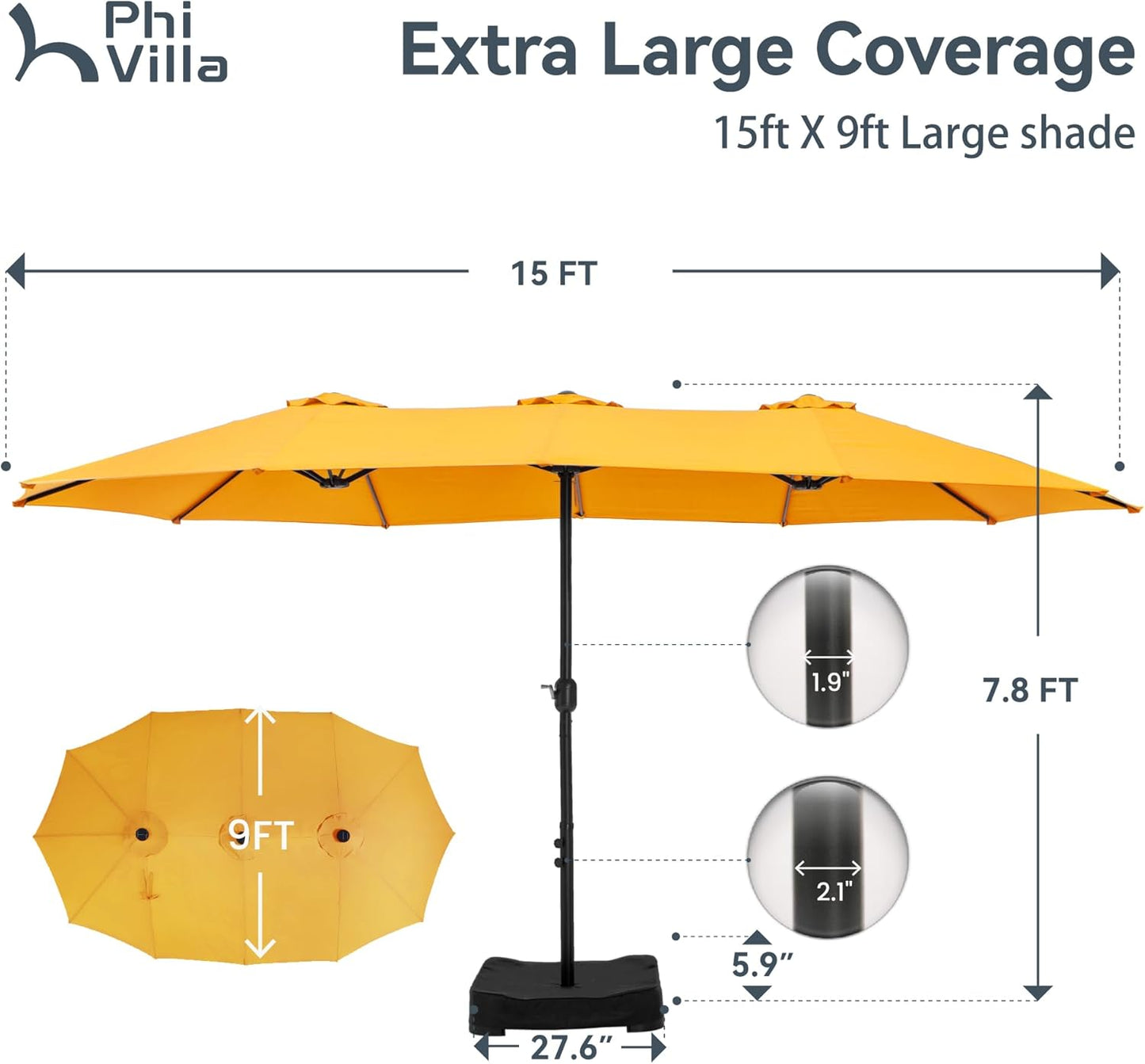15ft Patio Umbrella Double-Sided Outdoor Market Extra Large Umbrella with Crank, Umbrella Base Included (Dark Red)