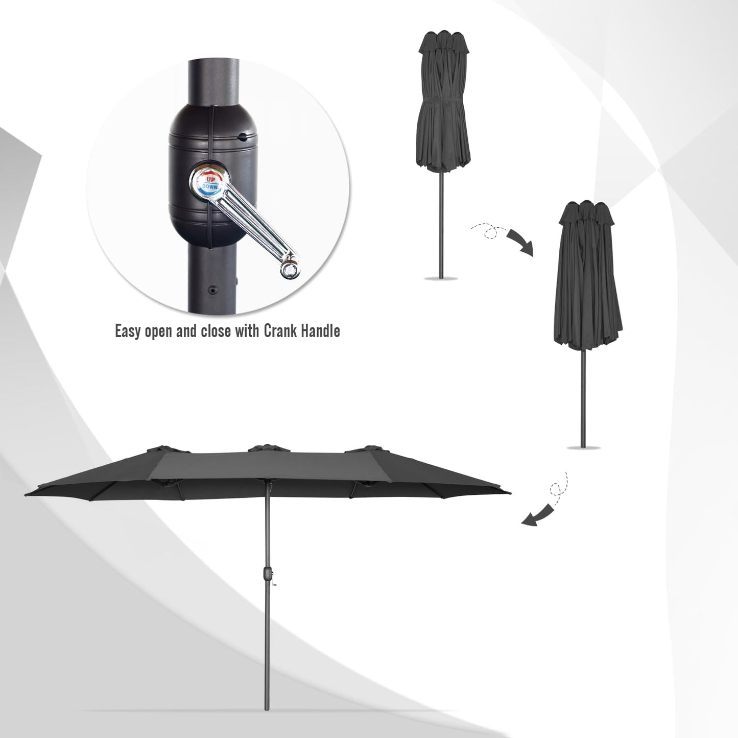15ft Patio Umbrella with Solar Lights, Large Double Umbrella Outdoor, Rectangle 180''x106'' Umbrellas with 156 PCS LED Lights and Crank Handle for Backyard Deck Pool Shade in Black(1.9" Pole)