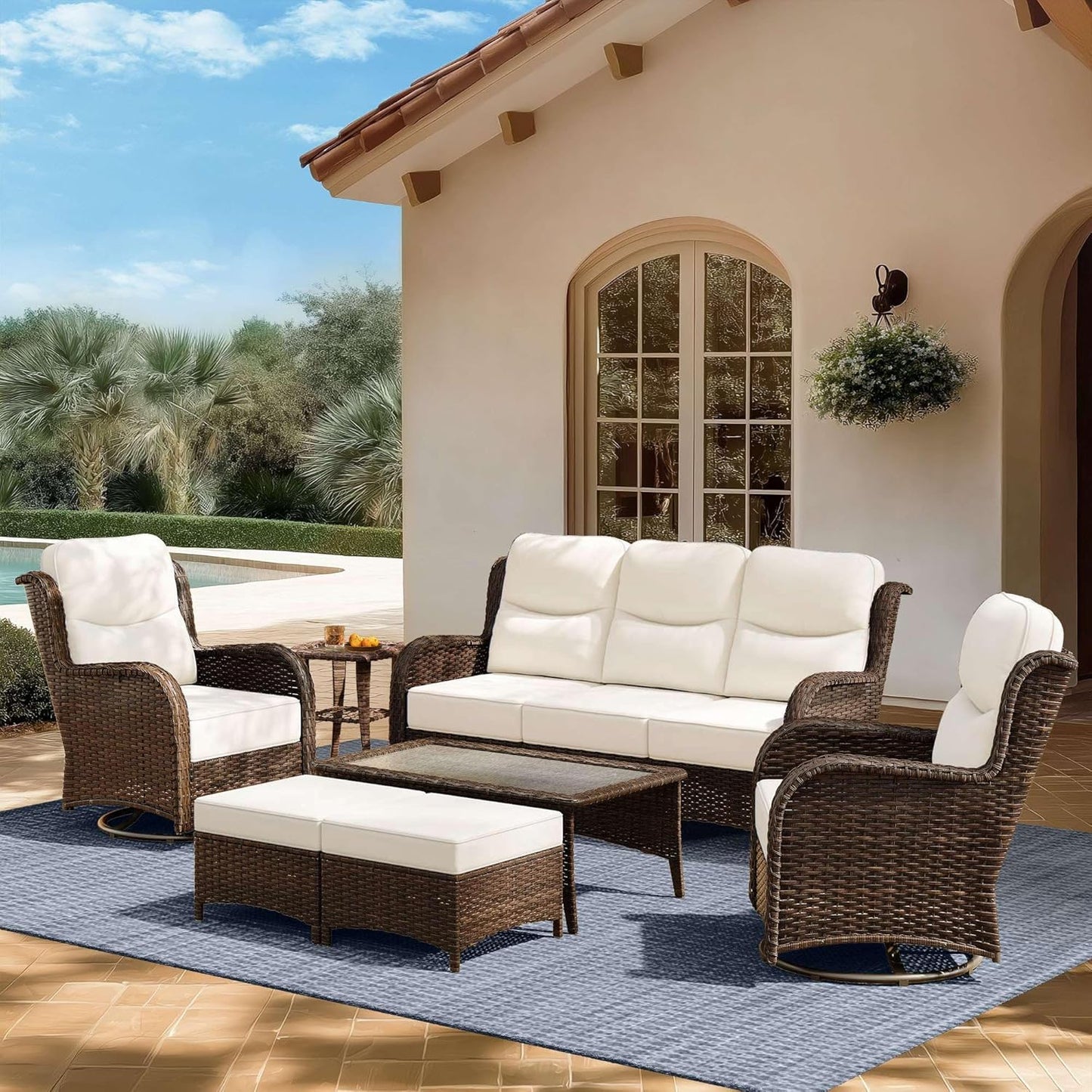Outdoor Swivel Rocker Patio Chairs with 6-Inch Thick Cushions and Side Table, 3PCS High Back Wicker Patio Furniture Set for Porch, Balcony, Deck and Yard in Blue