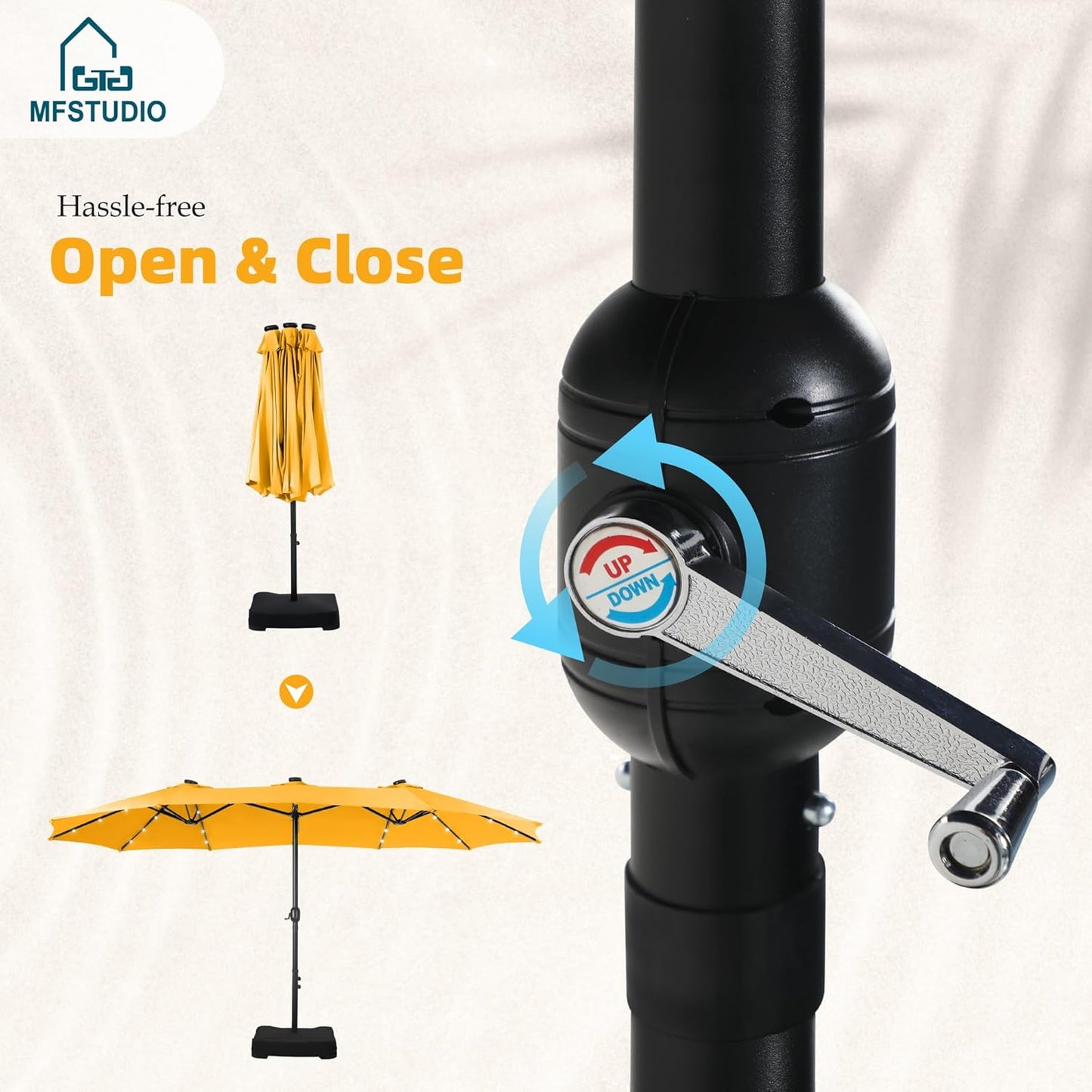 15ft Double Sided Patio Umbrella with Solar Lights, Outdoor Large Umbrellas with Crank Handle and 36 LED Lights, Rectangular Market Umbrella with Base Included for Deck Pool Shade
