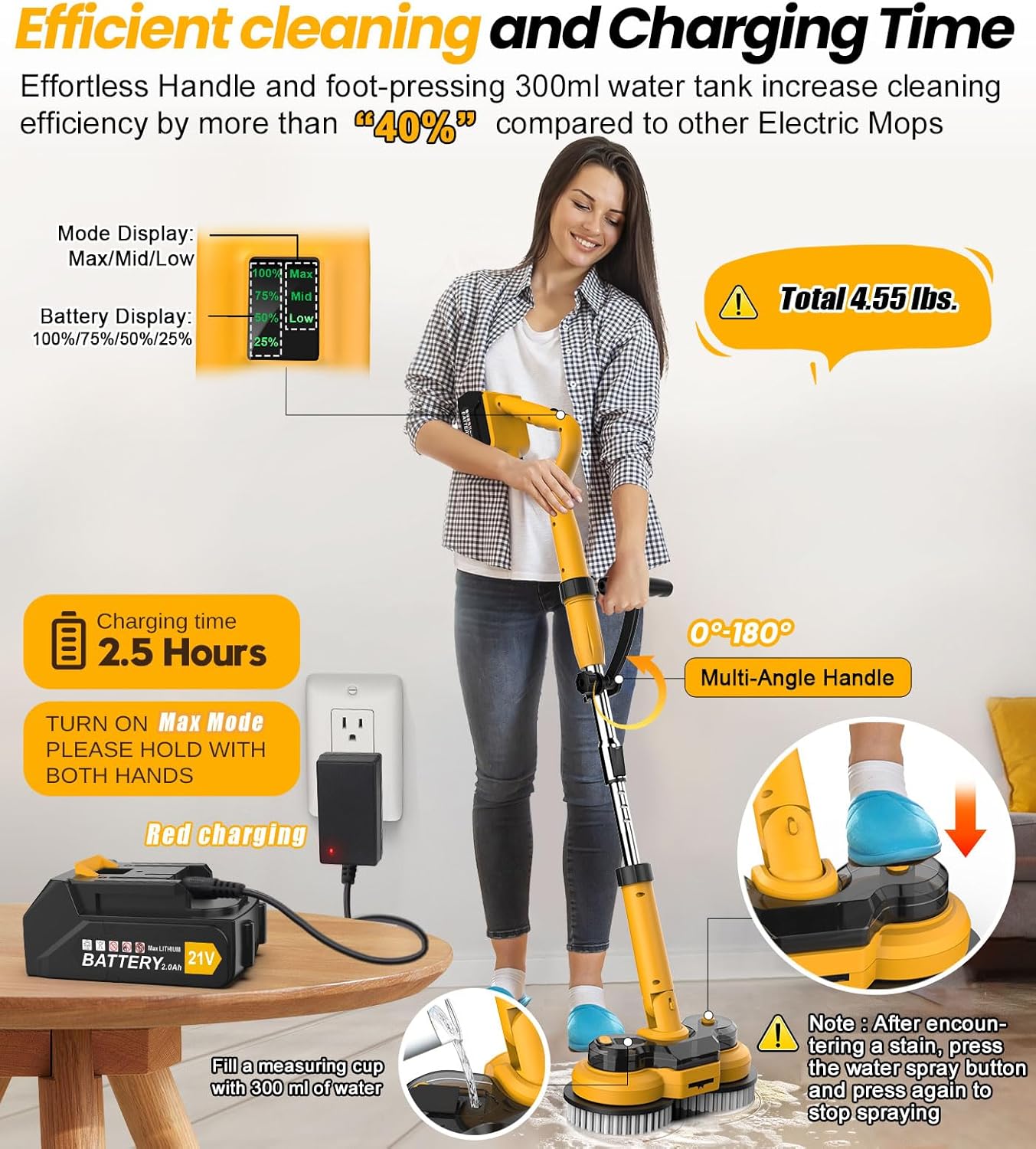 6000mAh Battery Electric Mop M1, 800RPM Cordless Electric Power Scrubber & Mops for Floor Cleaning, Best Automatic Spin Mops with Smart Display,Rotating Mop with LED Light & Water Spray-qimedo