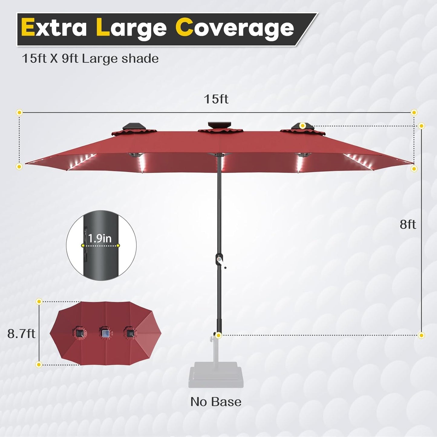 15ft Patio Umbrella with Solar Lights, Large Double Umbrella Outdoor, Rectangle 180''x106'' Umbrellas with 156 PCS LED Lights and Crank Handle for Backyard Deck Pool Shade in Black(1.9" Pole)
