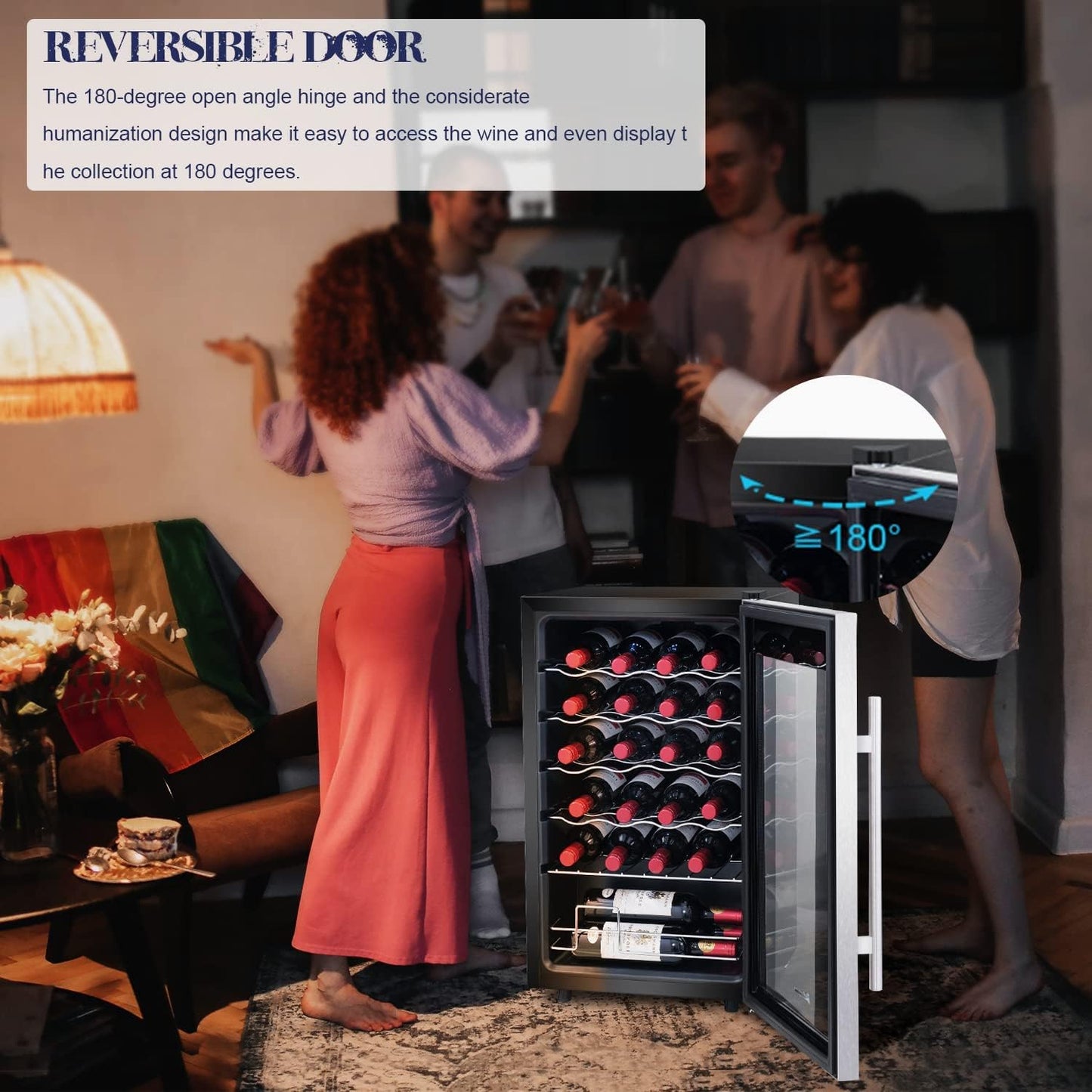 24 inch Wine Cooler, 46 Bottle - Dual Zone Built-in or Freestanding Fridge with Stainless Steel Reversible Glass Door, for Home, Kitchen, or Office.